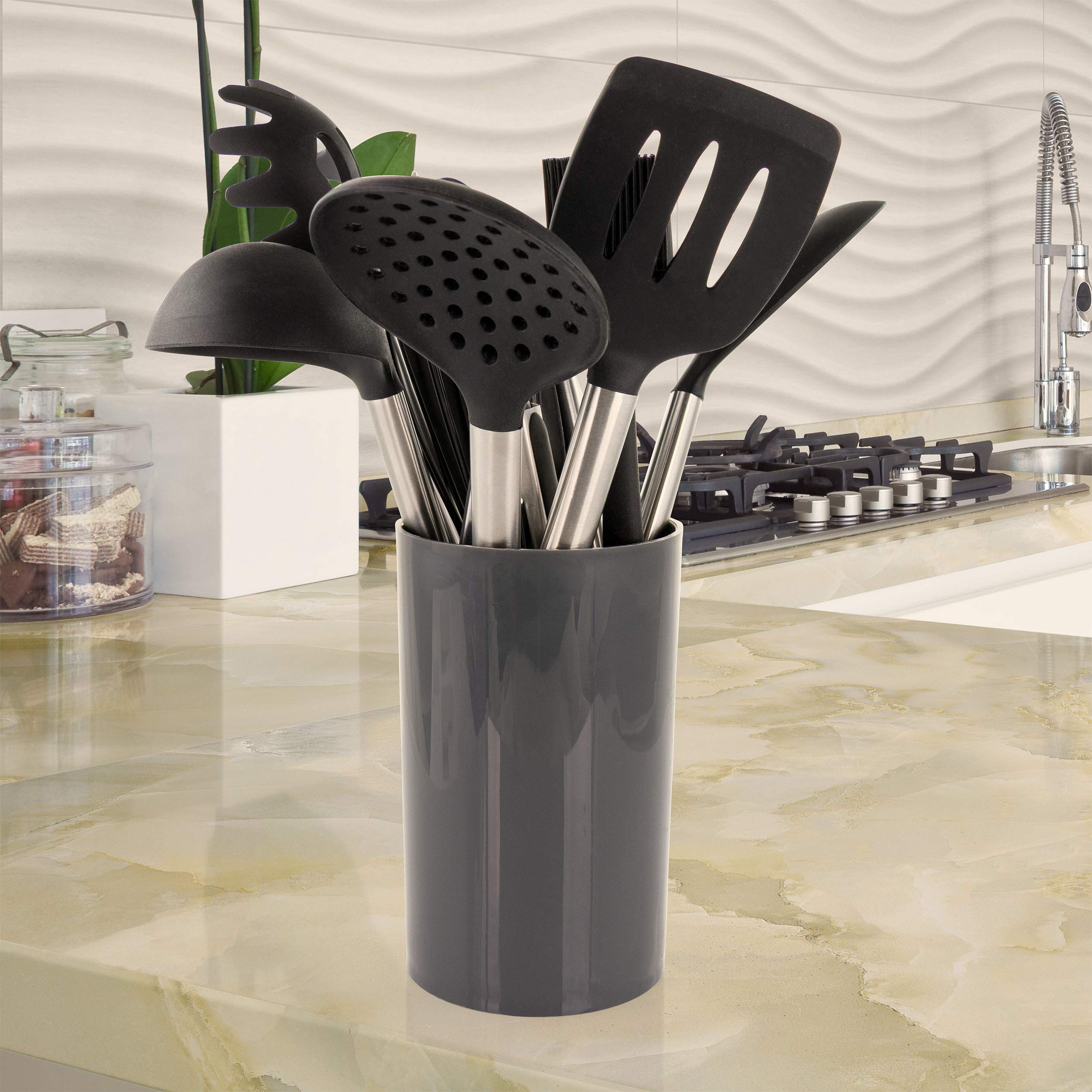 Megachef Silicone and Stainless Steel Cookware Utensilien Schwarzes Küchenutensilien-Set, Silikon, Grau und Edelstahl
