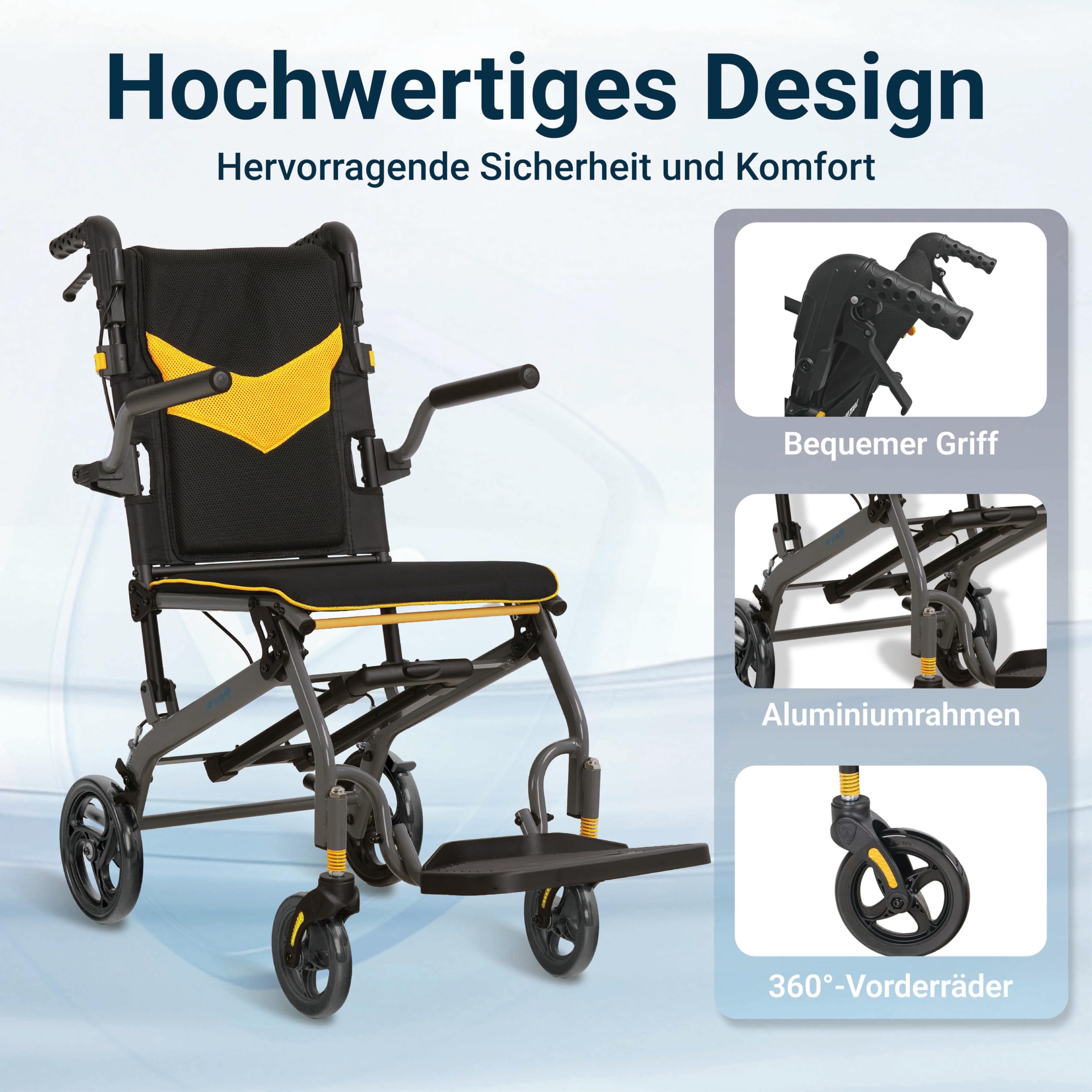 Rollstuhl Faltbar Leicht Reiserollstuhl bis 136 kg | Schmal Rollstühle Klappbar Aluminium mit Ausziehbarem Zuggriff Rutschfeste Fußstütze für Senioren Wohnung & Reisen