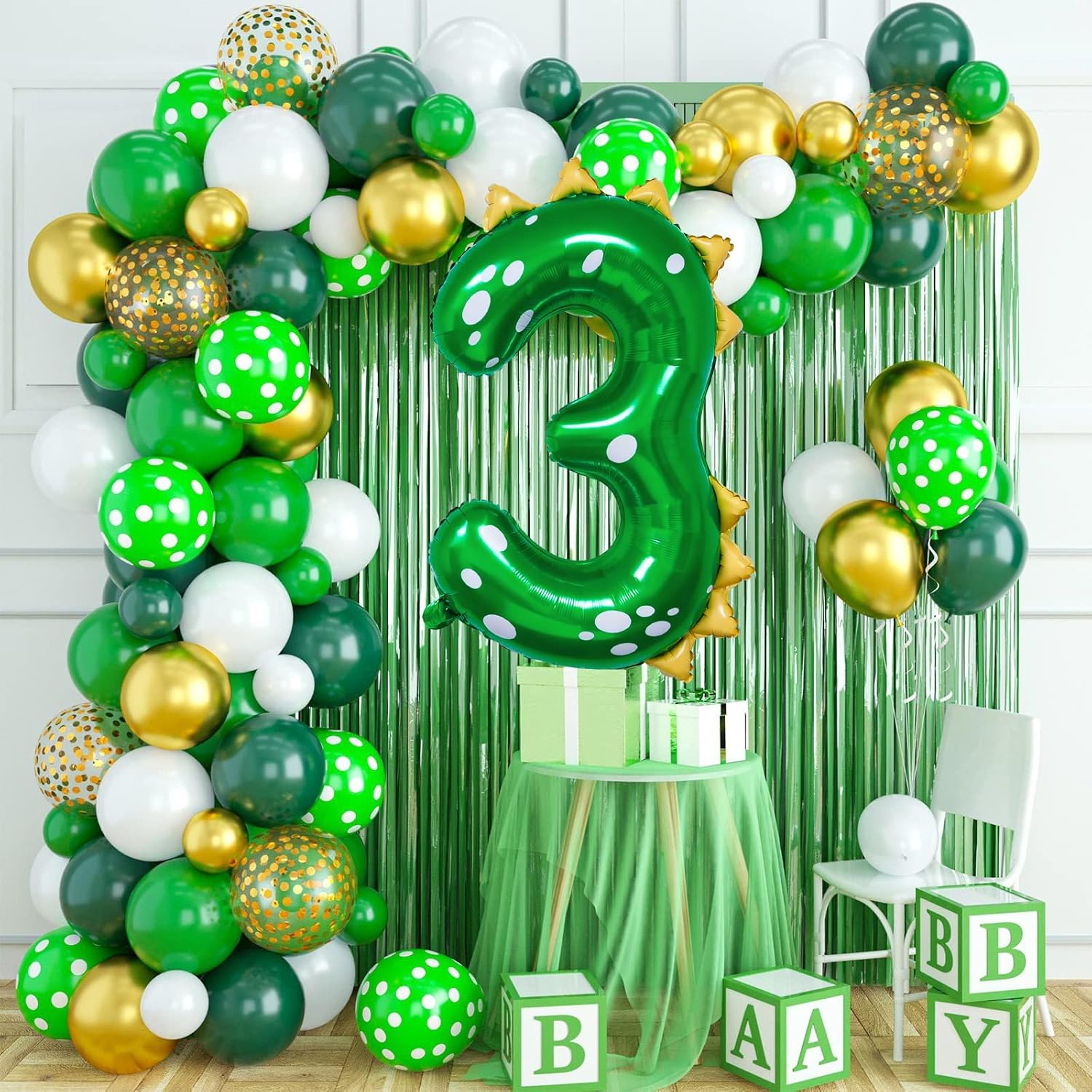 Dinosaur Birthday Decorations, 36'' Green Dinosaur Number 3 Balloon for 3rd Birthday Party Supplies (3)
