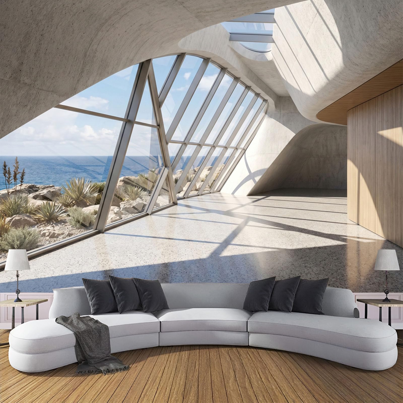 Papier peint panoramique effet fenêtre arcade sur mer pour une déco de salon lumineuse