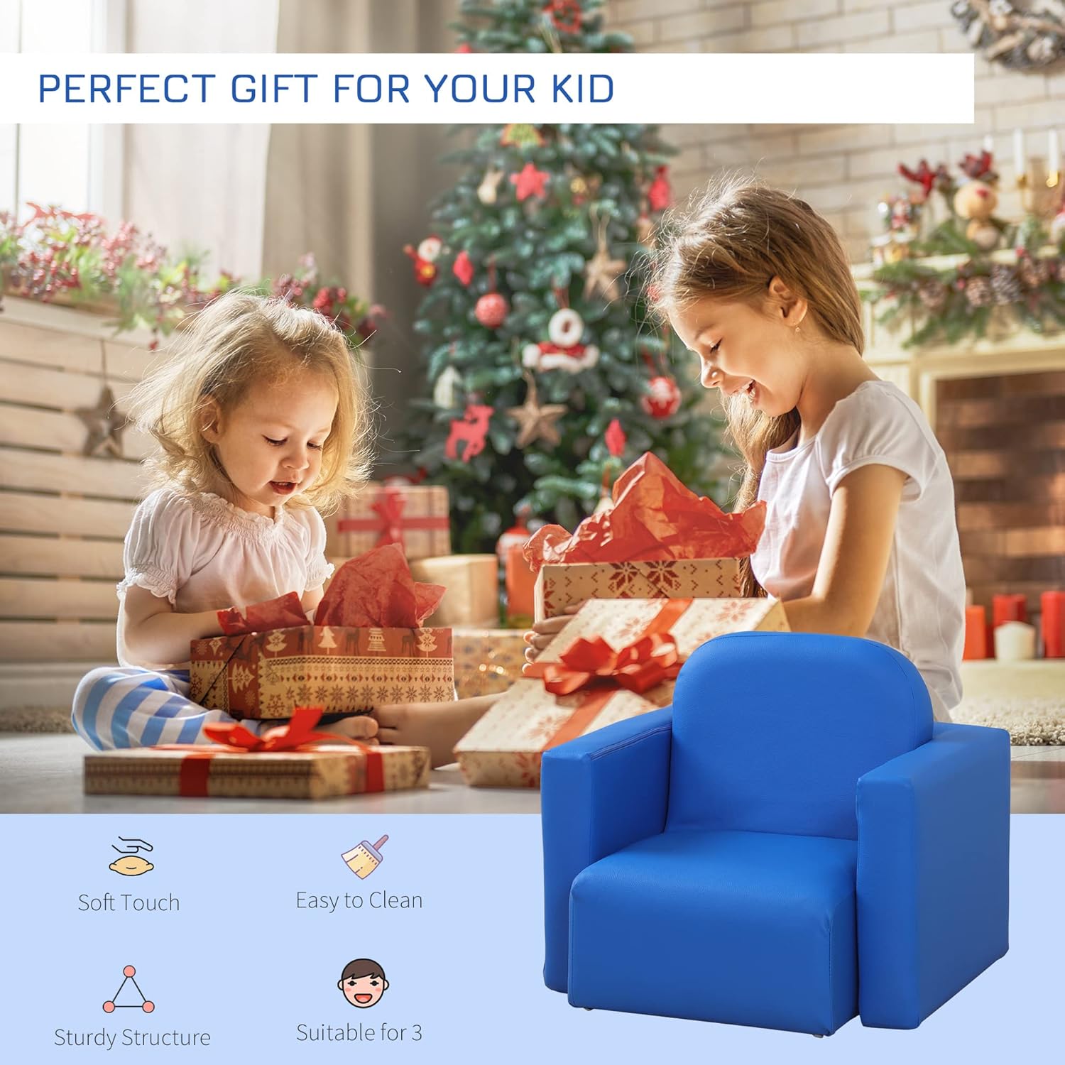 Qaba 2-in-1 Multifunctional Kids Sofa Convertible Table and Chair Set for Boys Girls, Blue