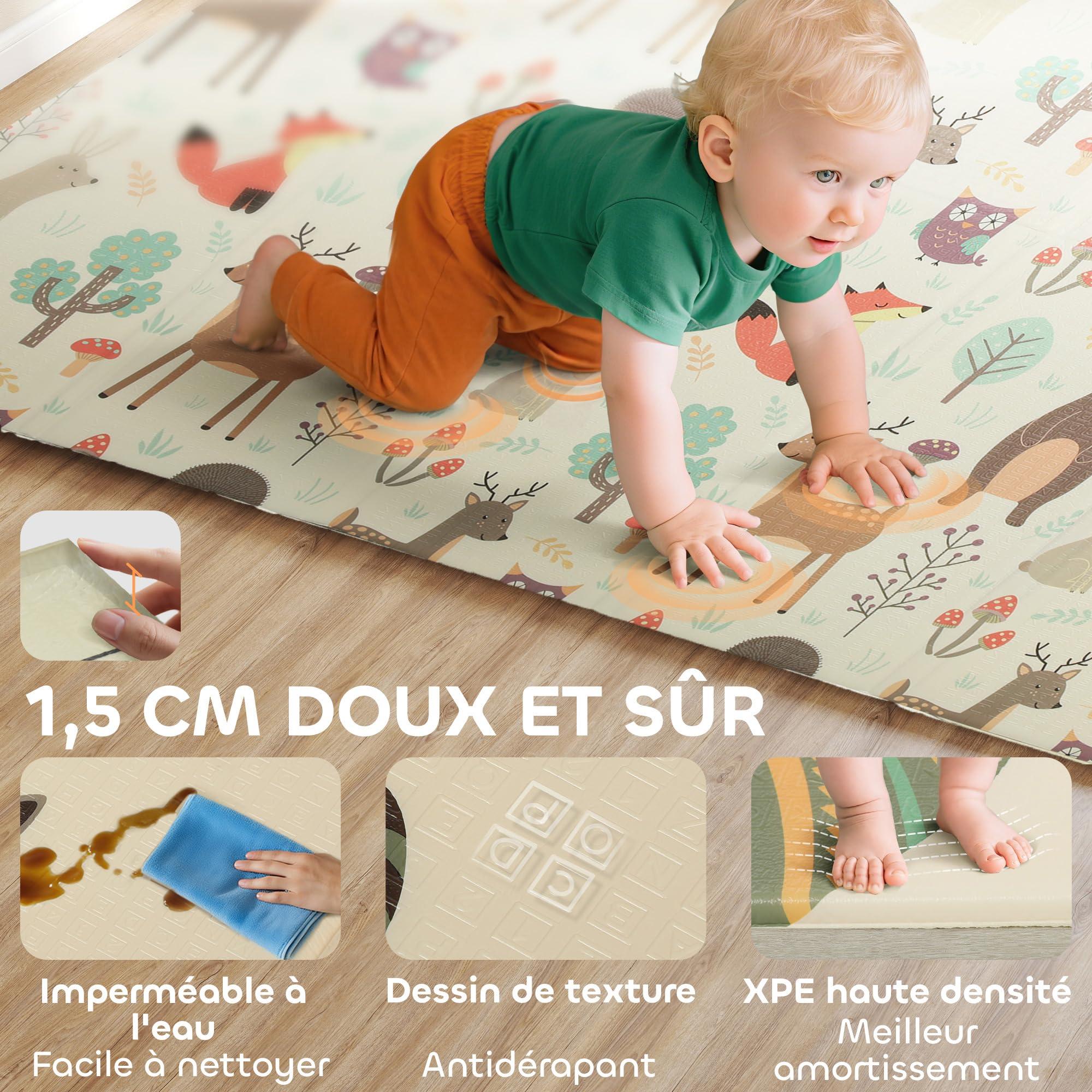 AIYAPLAY Tapis de jeu bébé pliable réversible 196 x 176 x 1,5 cm mousse épais antidérapant imperméable motif animaux