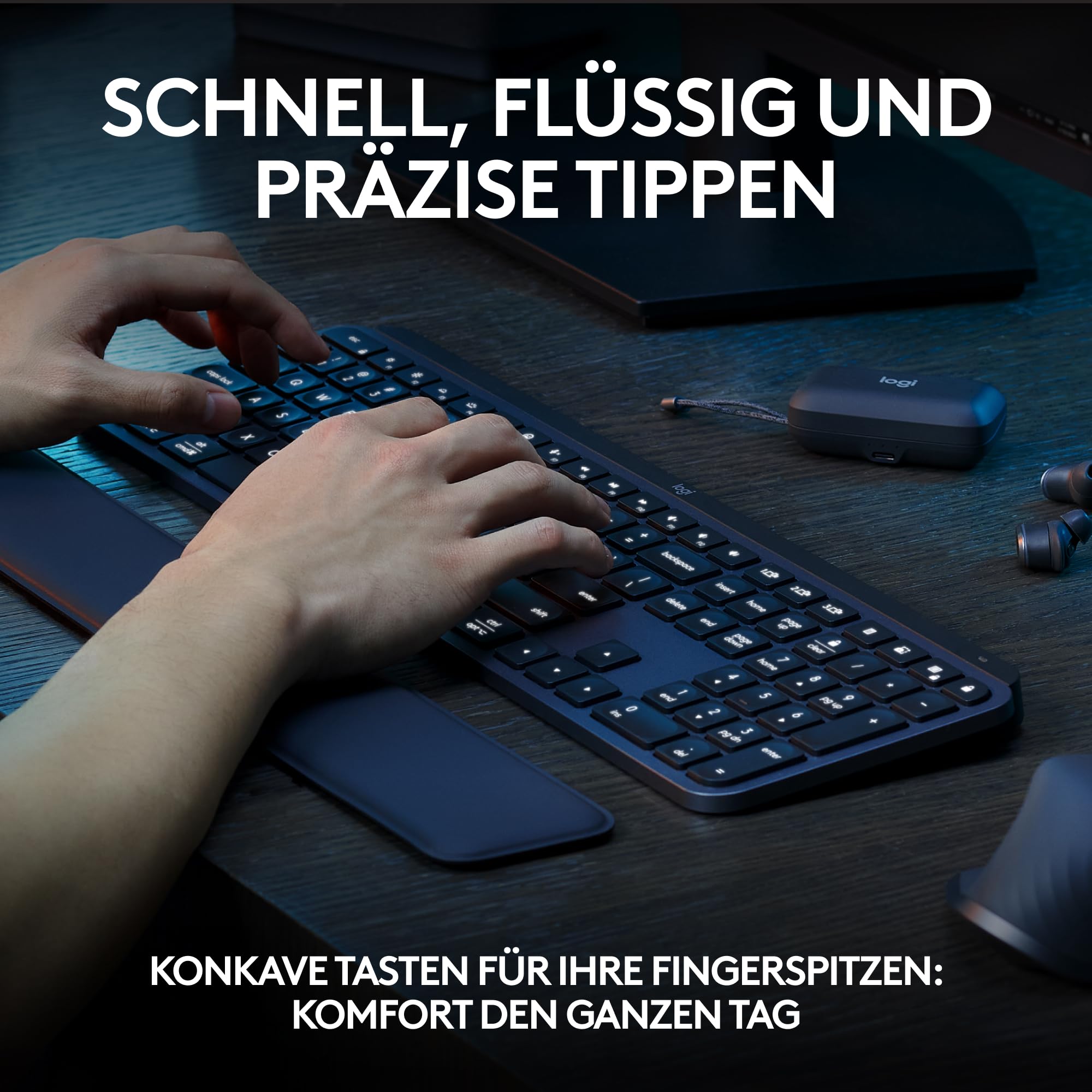 The Logitech MX Keys S in graphite gray, showcasing its low-profile design and spherical keycaps.