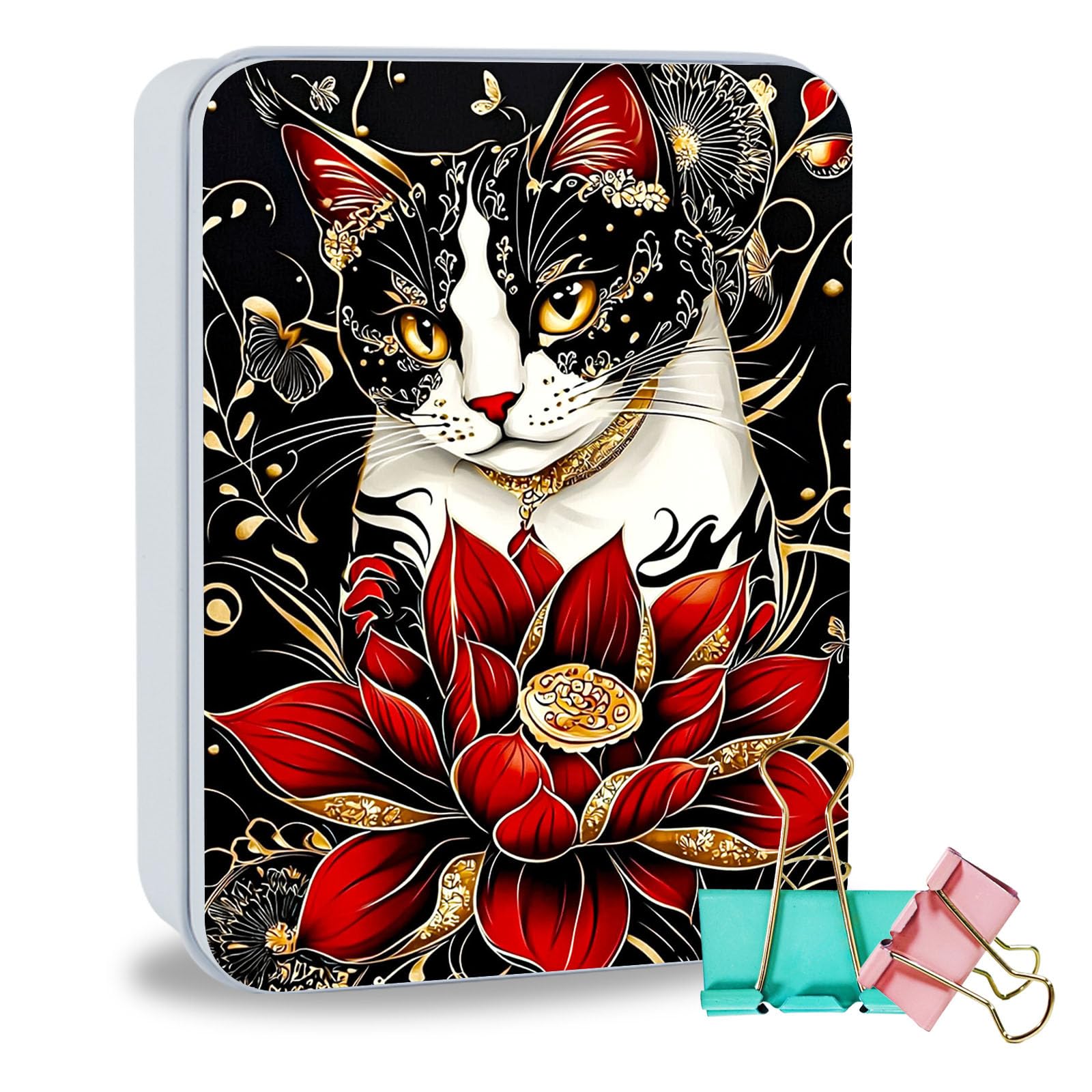 ETLKJVBL Metal Tin Box Sturdy Metal Storage Box with Lid, Large Container Holder for TCG Cards, Cookies, Car Keys and More, 7.1x4.7x2.0 Inch Tin Containers for Gift, Cat Red Lotus Flower