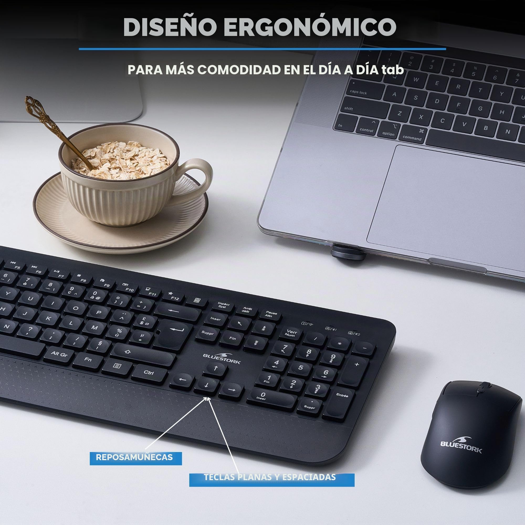 Bluestork – Paquete de Escritorio R2 – Juego de Teclado de ratón Doble conexión Bluetooth / 2,4 GHz – Teclado inalámbrico AZERTY FR, Recargable y ratón inalámbrico Ligero – 120 Horas de duración – PC
