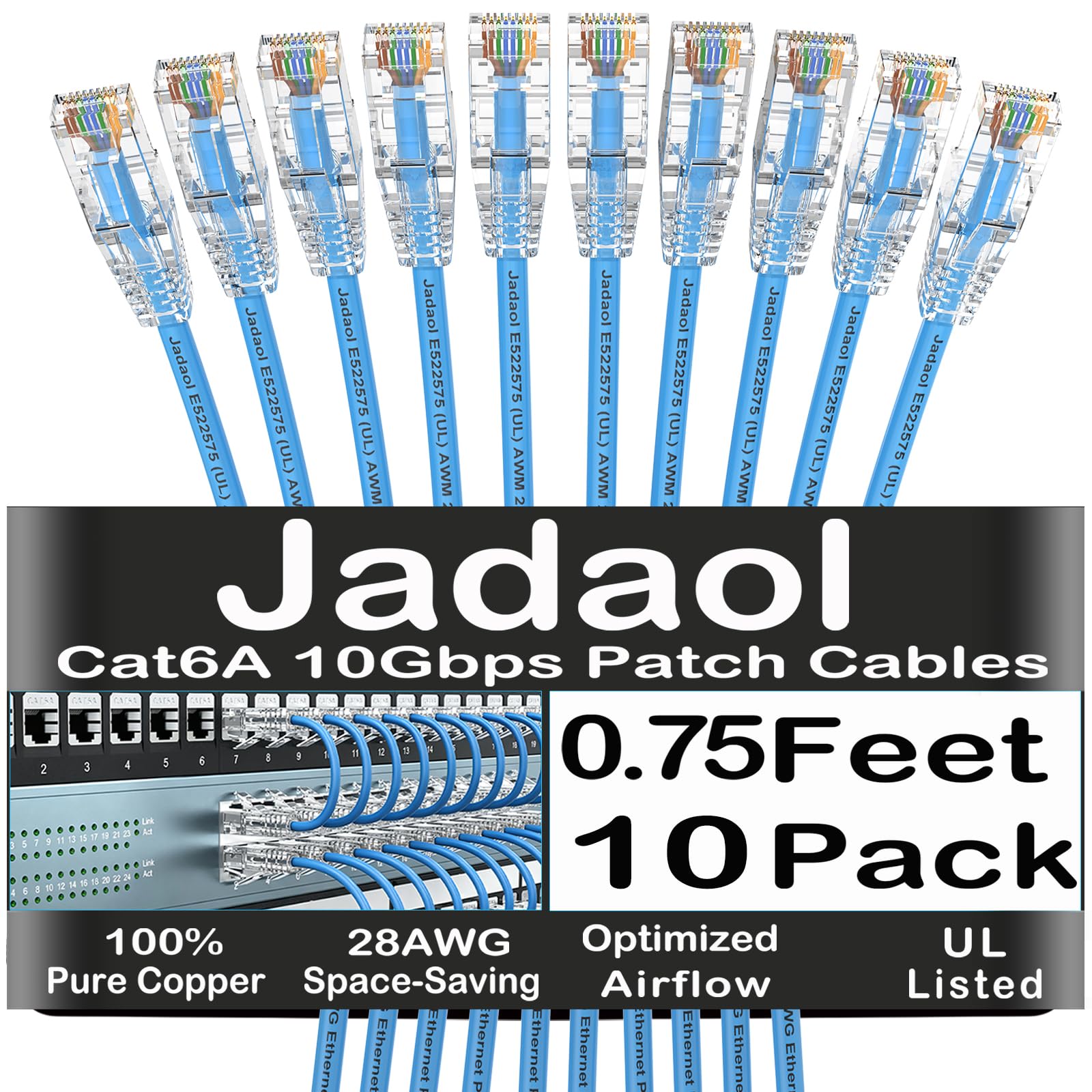 Jadaol [UL Listed Cat6A Cavi Patch 0.75FT (10Pack) 10Gbps 550MHz Blu