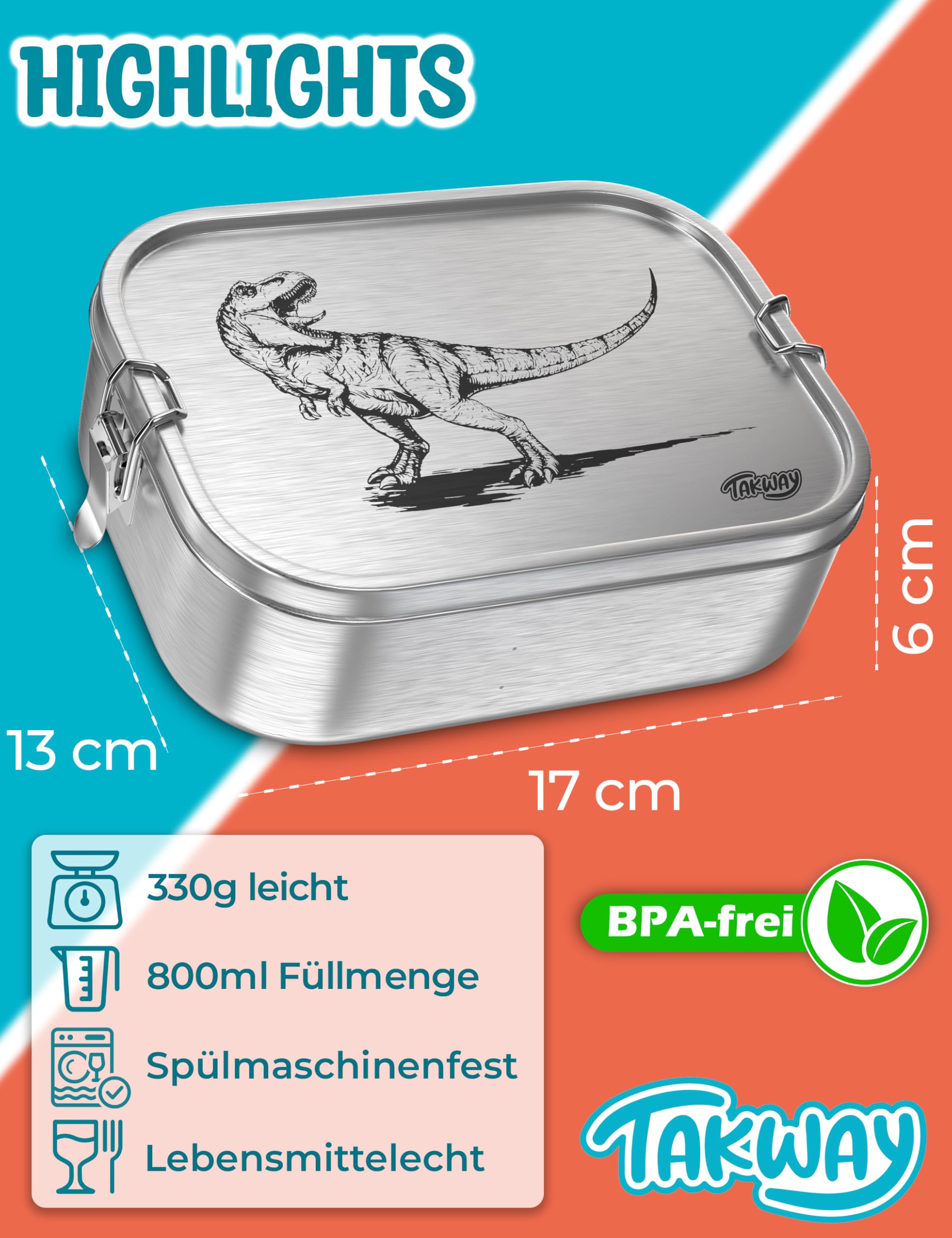 Edelstahl Brotdose mit Fächern 800ml – Auslaufsichere Lunchbox für Kinder & Erwachsene, Bento Box mit flexibler Unterteilung, für Kindergarten, Schule & unterwegs (Dino, 3-Fächer)