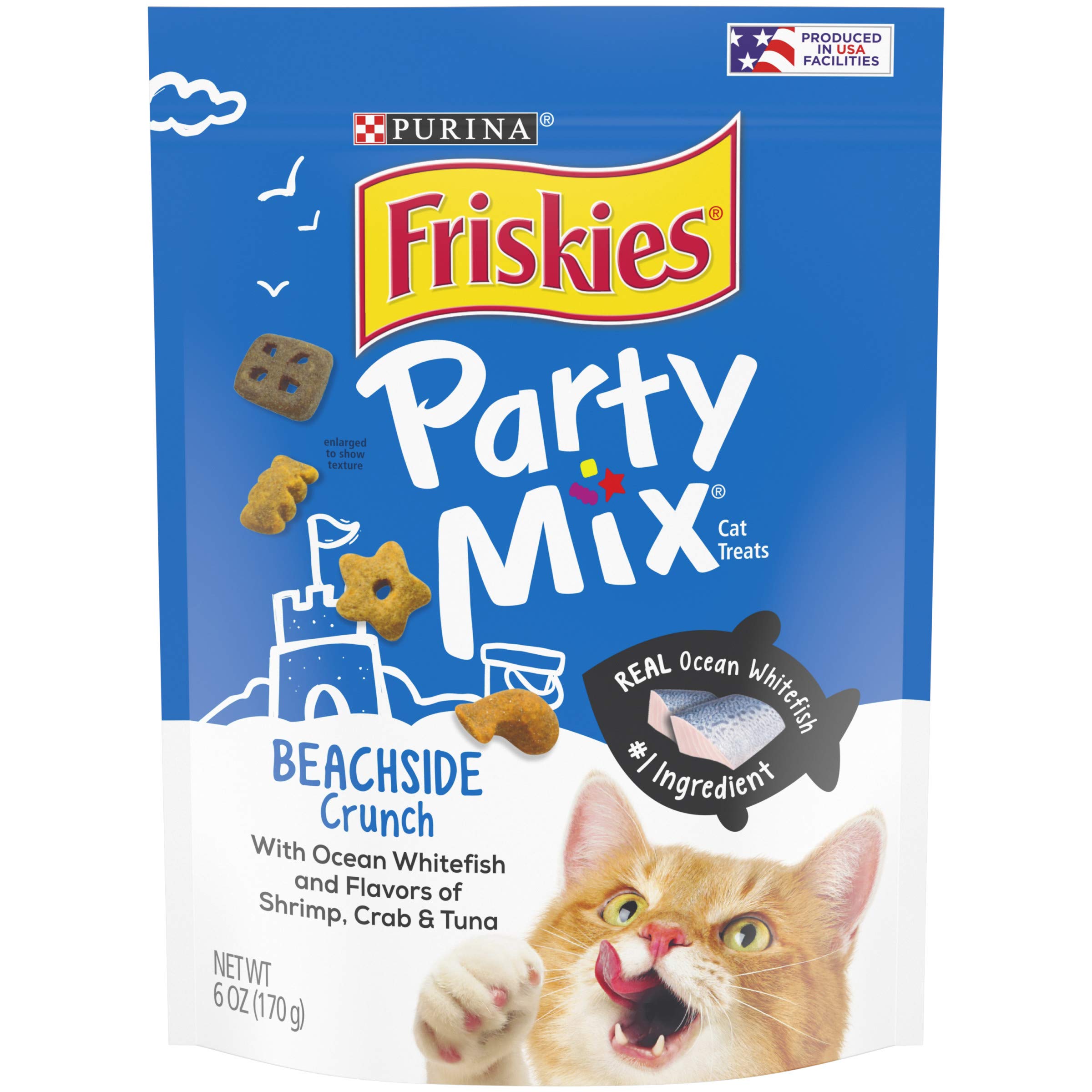 Purina Friskies Made in USA Facilities Cat Treats, Party Mix Beachside Crunch - (6) 6 oz. Pouches