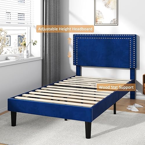 Miniatura 253 de VECELO Base de cama de tamaño matrimonial con cabecera tapizada ajustable, plataforma de listones de madera, diseño sin ruido, fácil montaje Negro