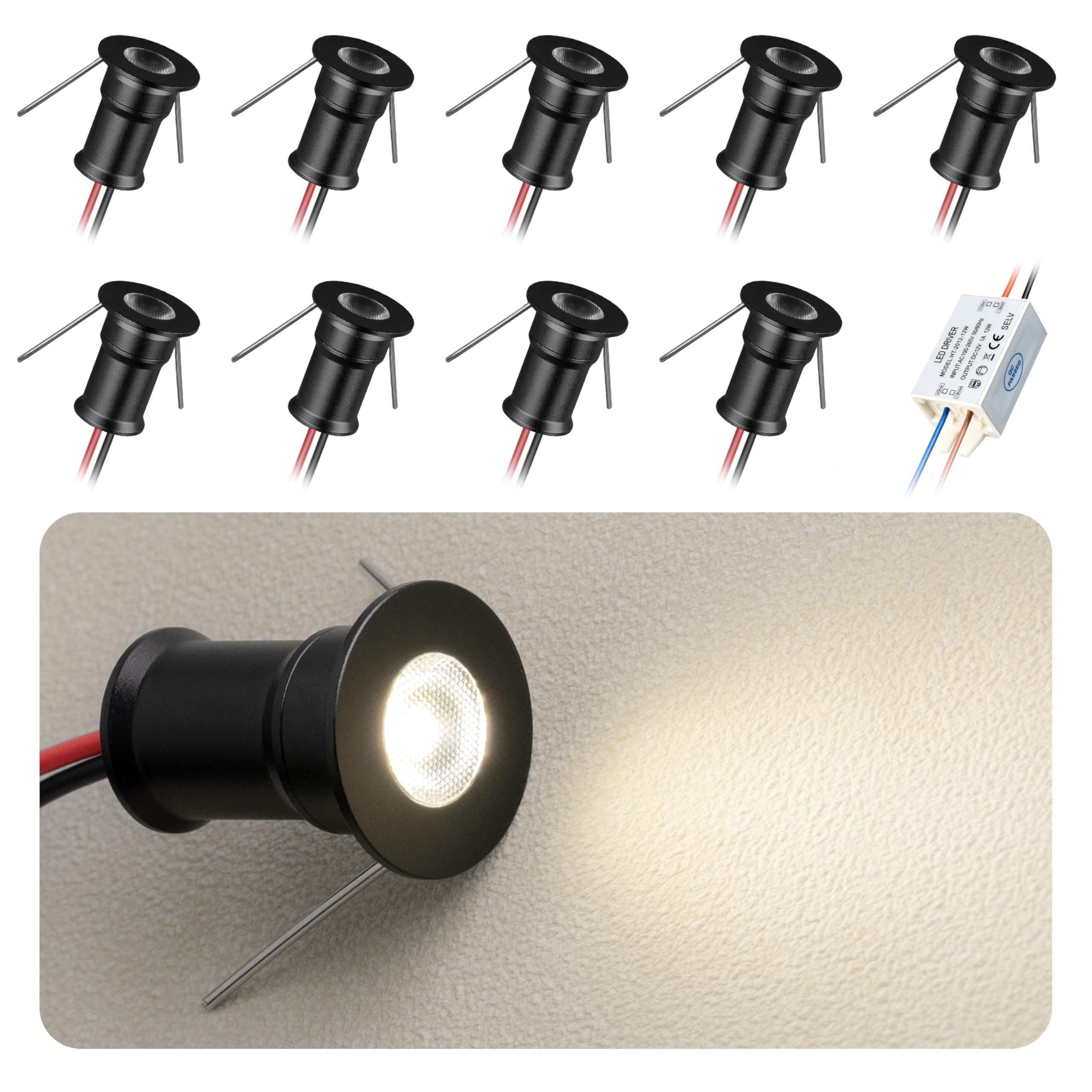 HHTUN 902 30°LED mini Spotlight,DC12V 1W,80Ra,75lm,Small Size,Embedded Installation,Suitable for Cabinet Lighting Such as Wine cabinets,Shoe cabinets,etc.,with Power Supply (Black,4000K,9Pack)
