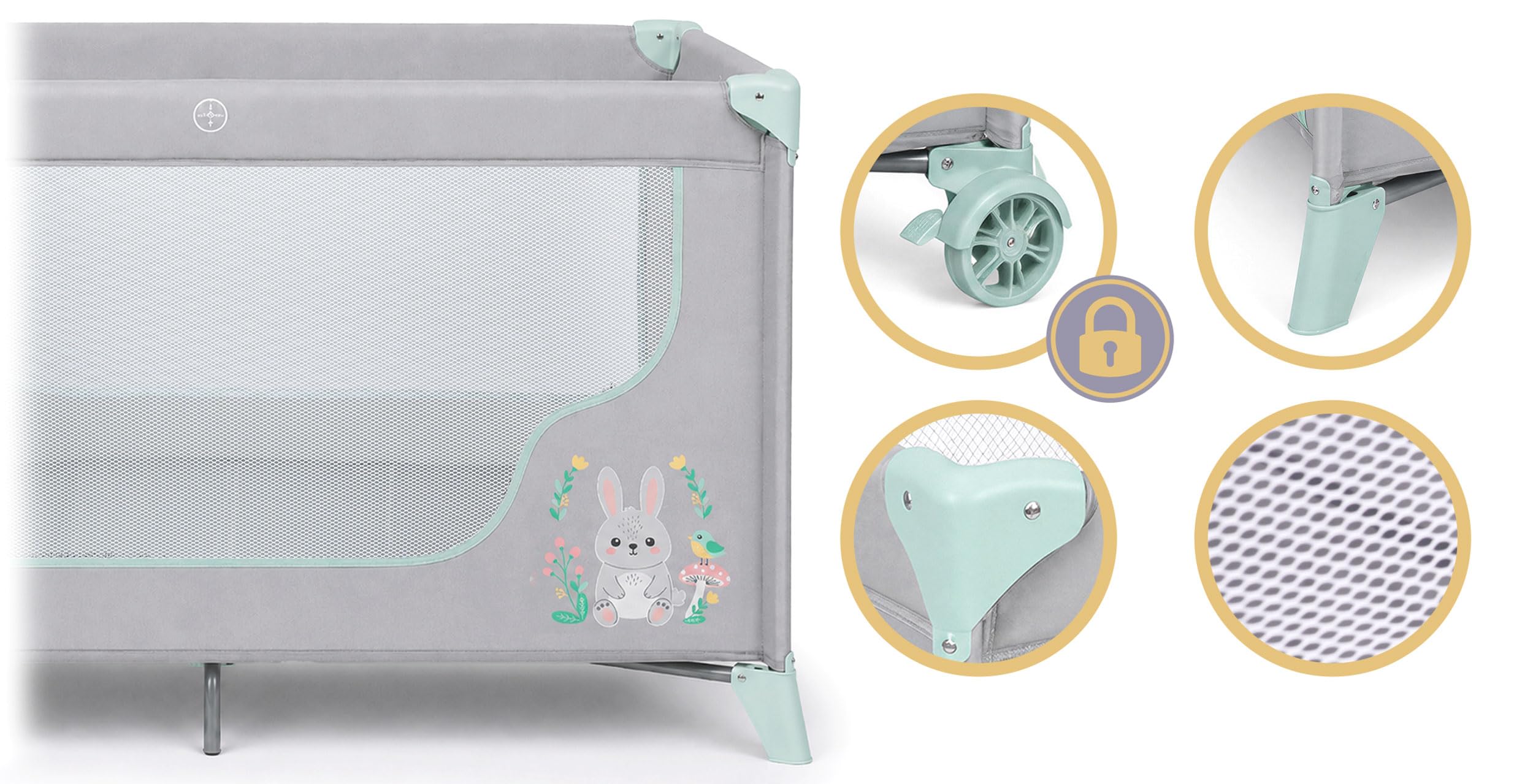 Ricokids Reisebett Baby Mit Matratze 123,5 x 64 x 76 cm Kinderreisebett Babybett Bis 15 kg 2 Räder Mit Bremsen Abnehmbarer Seiteneingang Transporttasche Faltbar Kompakt Hellgrau Lavendel