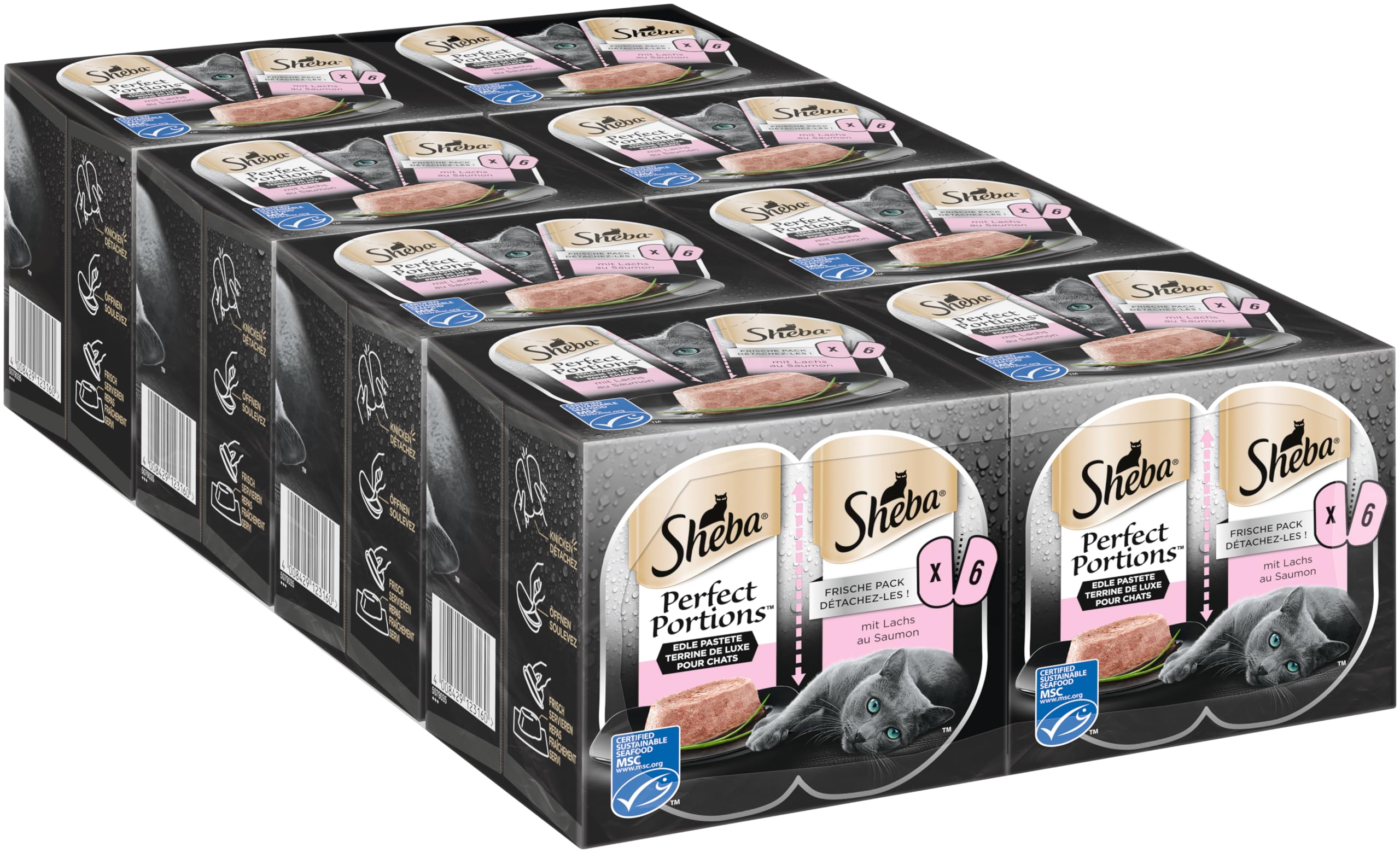 SHEBA Perfect PORTIONS Pastete für Katzen mit Lachs MSC-Zertifiziert 8 x 3 x (2 x 37.5g) = 225 g ( Verpackung wird aktualisiert )