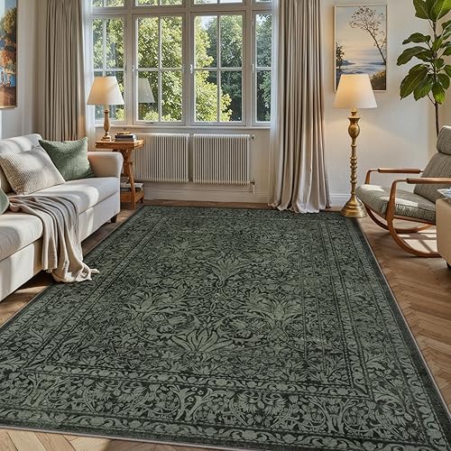 Lahome Alfombra floral verde oscuro para sala de estar, alfombra lavable de 5 x 7 pies para dormitorio, oficina, vintage, bohemio, antideslizante,