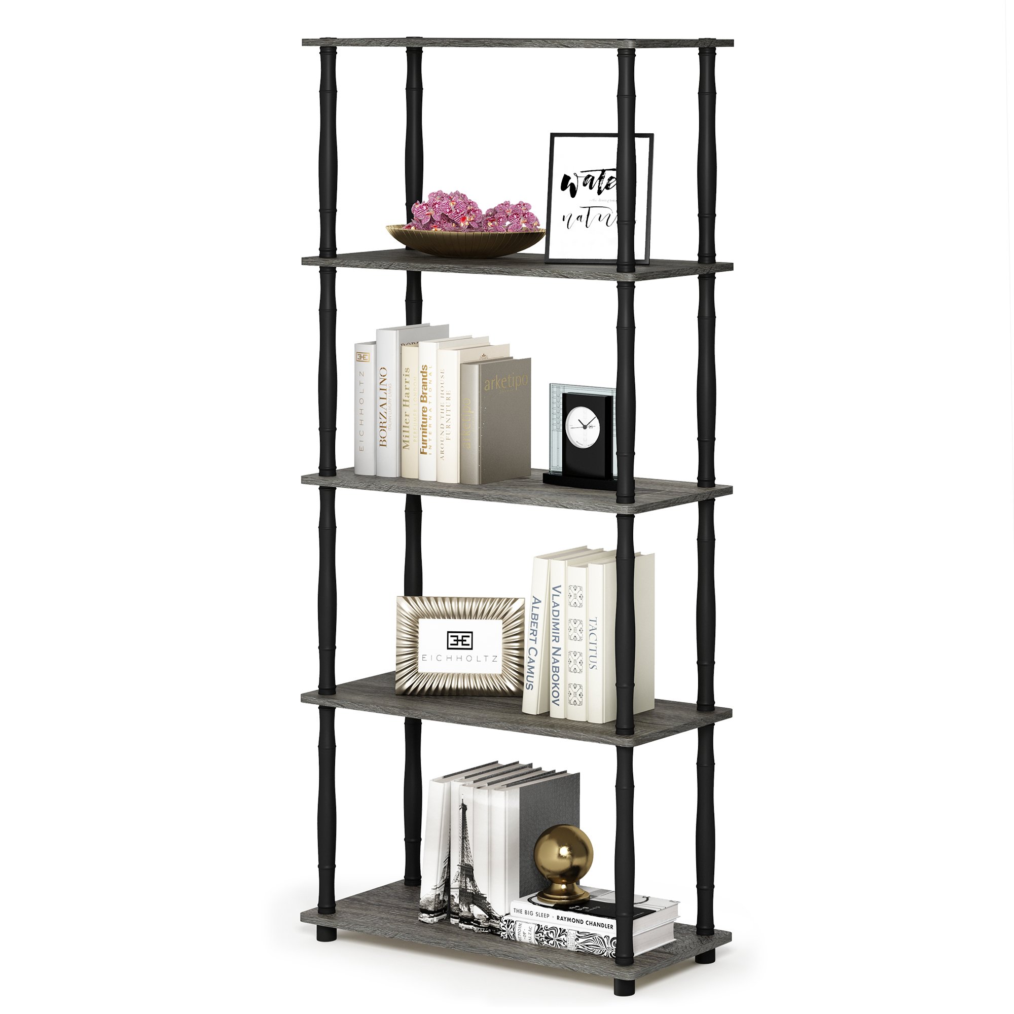 Furinno Turn-N-Tube 5-Tier Multipurpose Shelf Display Rack with Classic Tubes, French Oak Grey/Black