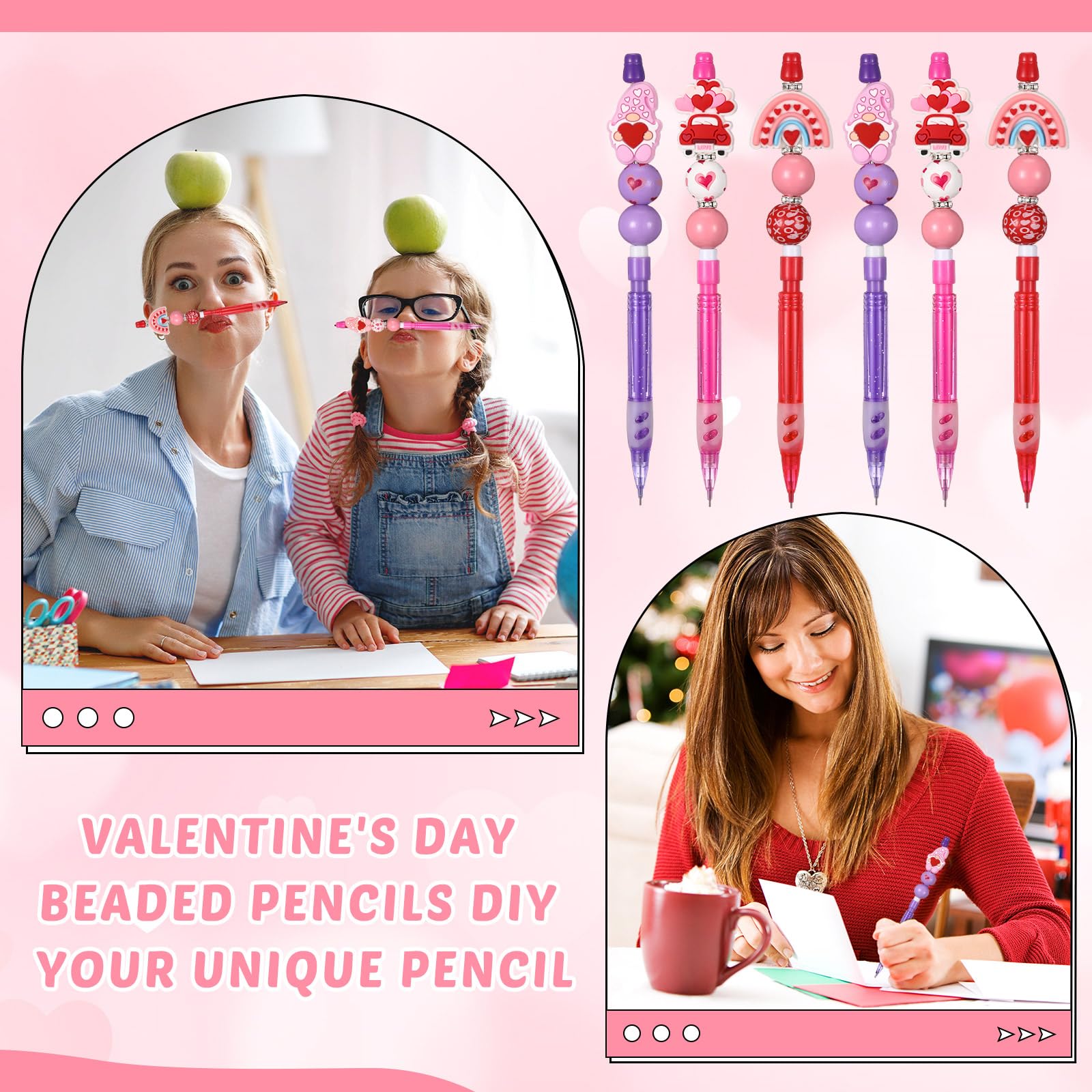 Fullhawl Kit de 224 lápices con cuentas para el día de San Valentín, 28 juegos de lápices con cuentas rosas, bolsas de lápices de cuentas para regalos del día de San Valentín, suministros de oficina