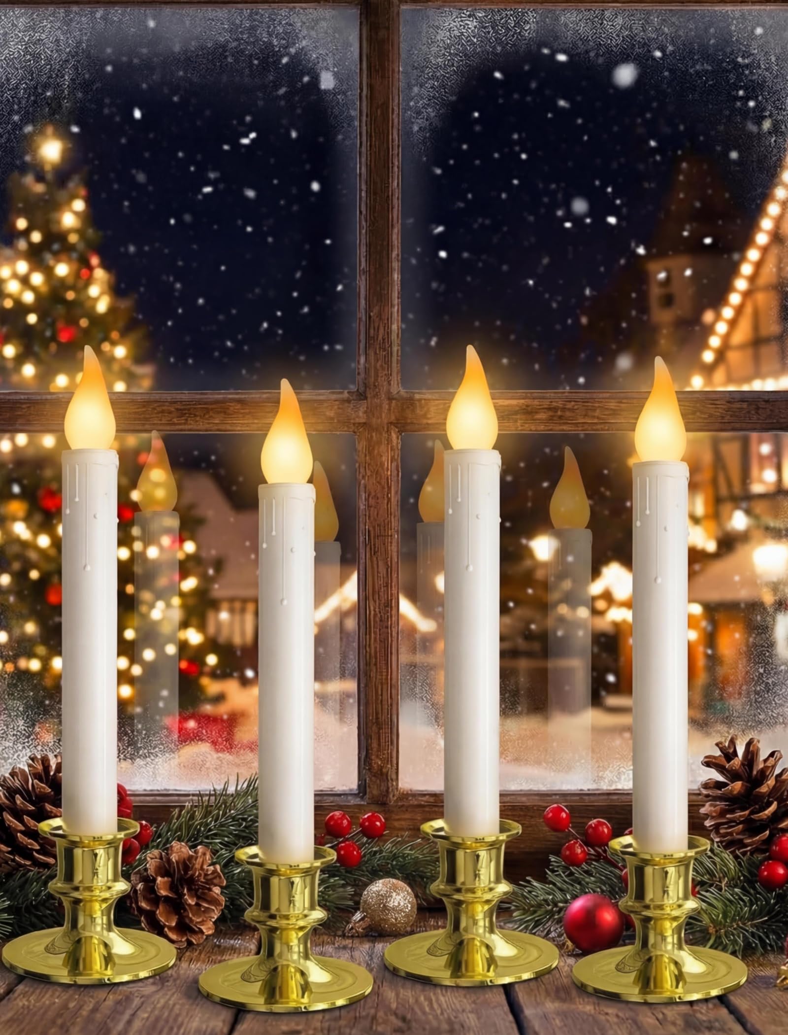 4-Pack Flameless Window Candles Battery Operated with Timer,3D Flickering Flame, Battery Operated LED Candlesticks with Suction Cups for Christmas Holiday Home Window Decor