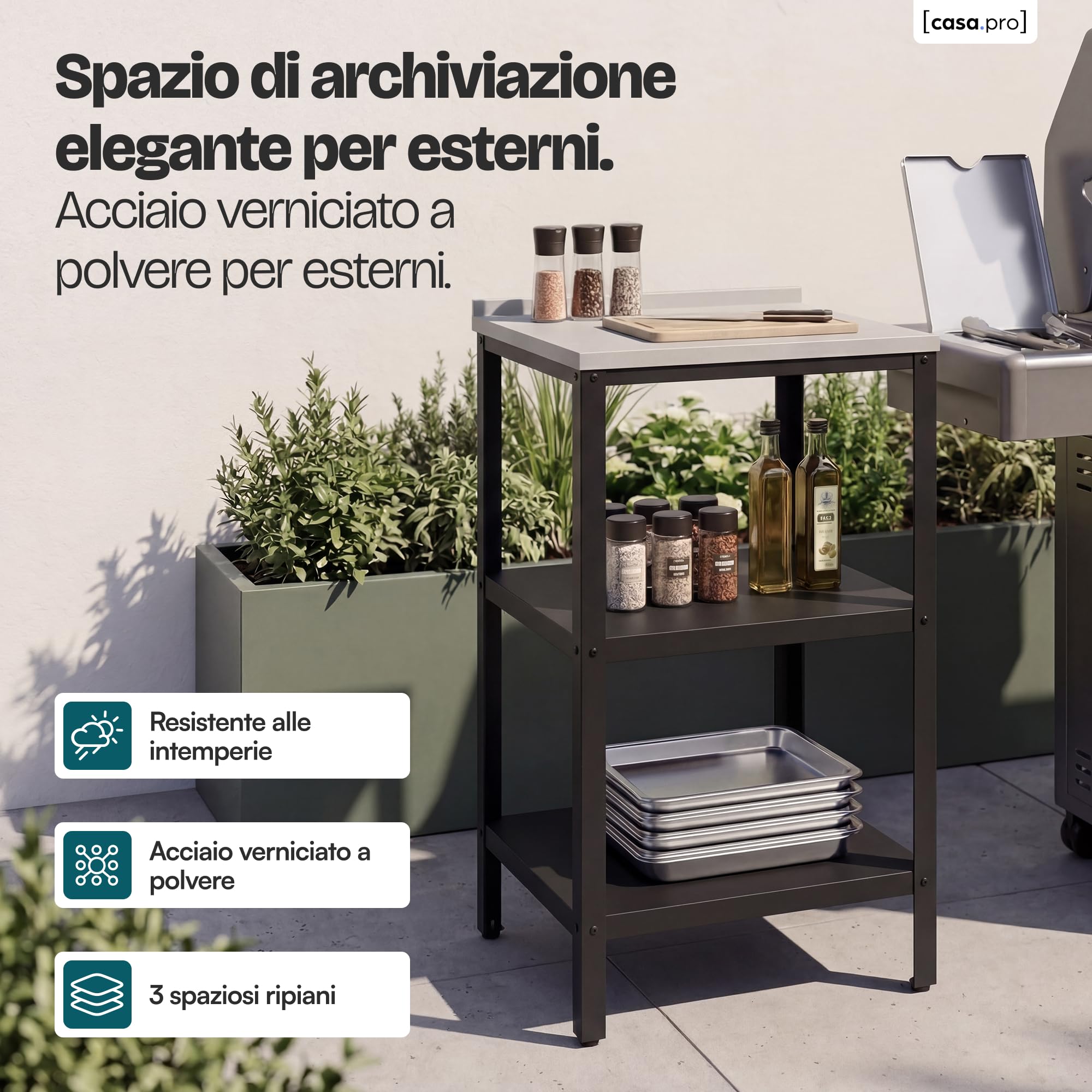 casa.pro Bancone da Giardino Scaffale da Esterno a 3 Ripiani 92 x 50 x 50 cm Mobile in Acciaio con Piedini Regolabili per Livellare - Argentato/Nero opaco