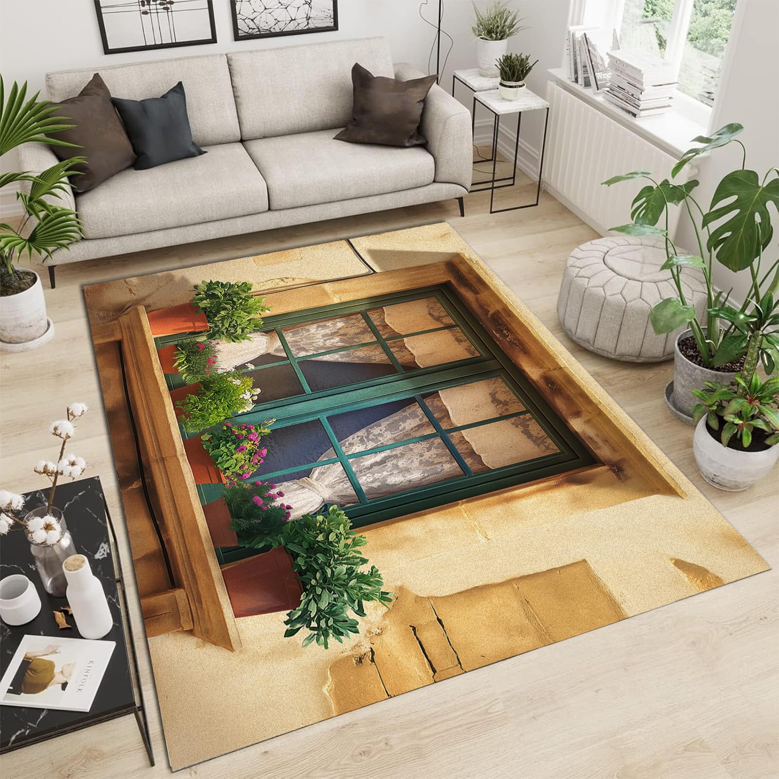 Tapis de salon lavable 90x150 cm à motifs de plantes en pot