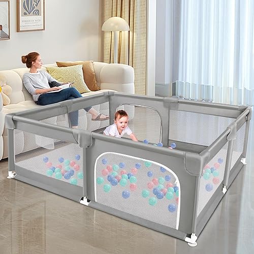 Miniatura 9 de Sour Lemon Corralito para bebés de 79 x 71 pulgadas, extra grande, corralito para bebés y niños pequeños, corralito de juego con valla de seguridad