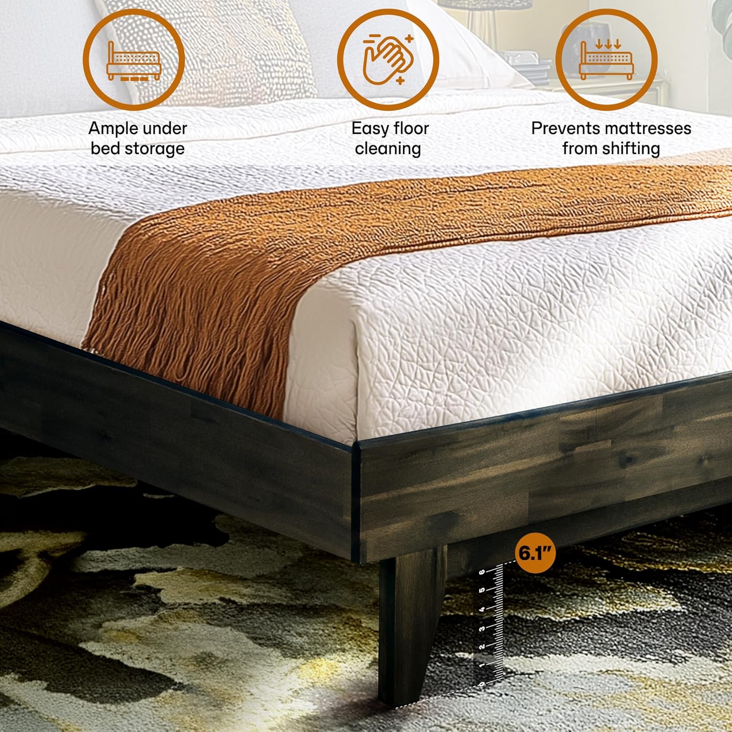 Acacia Aurora Wooden Bed with Headboard, King Size Bed Frame, 800lbs Capacity Wood Bed Compatible with All Mattress Types, Non-Slip & Noise-Free, Wood Slats Support, Easy Assembly, Mocha.