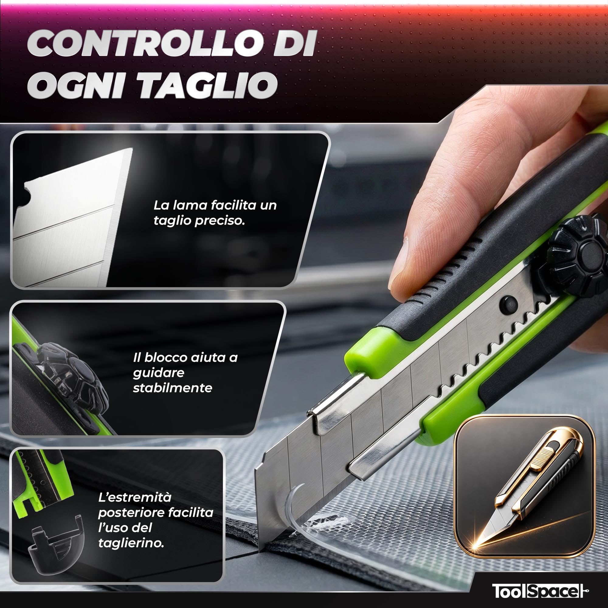 ToolSpace Cutter Professionale 18 mm 12x Lama Spezzabile Acciaio Al Carbonio Blocco Lama Impugnatura Antiscivolo Taglierino Per Cartone Carta Da Parati Moquette Imballaggi Cantiere Bricolage