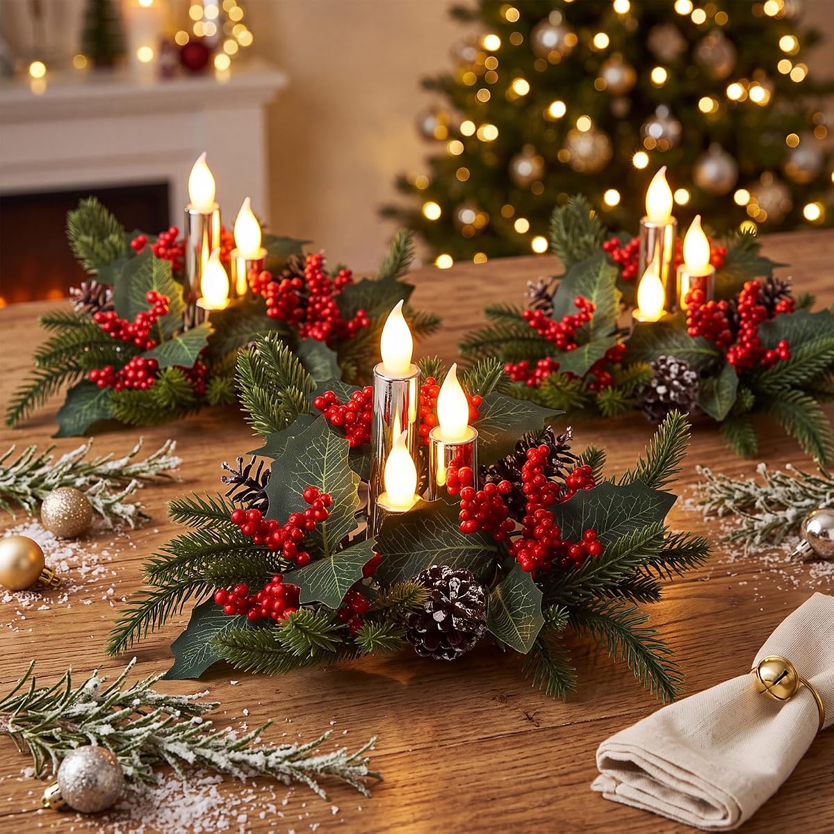 Tuanse 3 Set Christmas Poinsettia Centerpiece with Flameless Candle, Farm