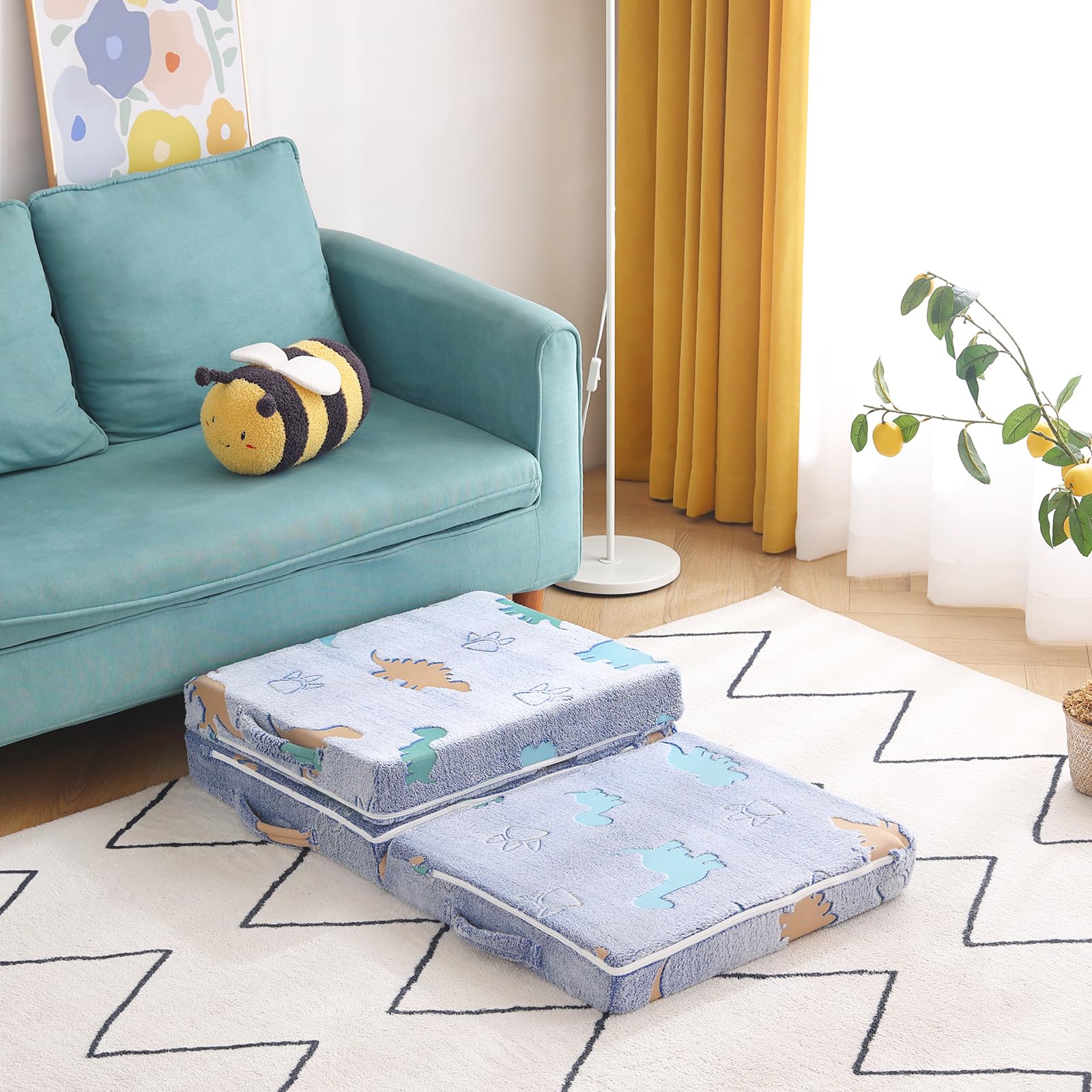 Colchón de piso triple para niños, futón que brilla en la oscuridad con funda extraíble, tapete portátil de espuma para siesta con bolsa de almacenamiento para niñas y niños, dinosaurio azul 8