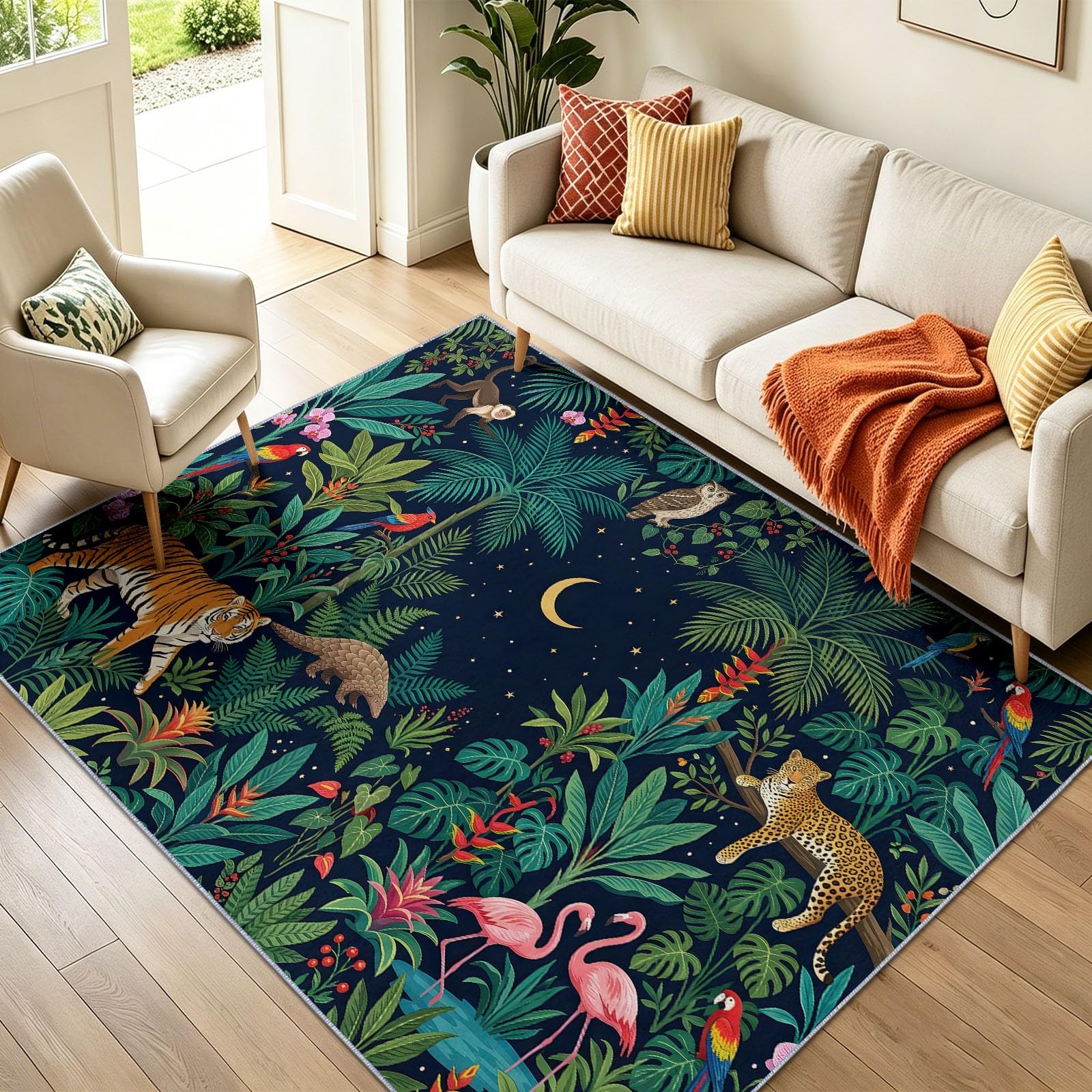 Tapis Vert Luxe Plante Animal Tigre, 140 x 200 cm Vintage Bohème Tapis Salon Lavable Dos en Caoutchouc Antidérapant, pour Chambre à Coucher Cuisine Salle à Manger