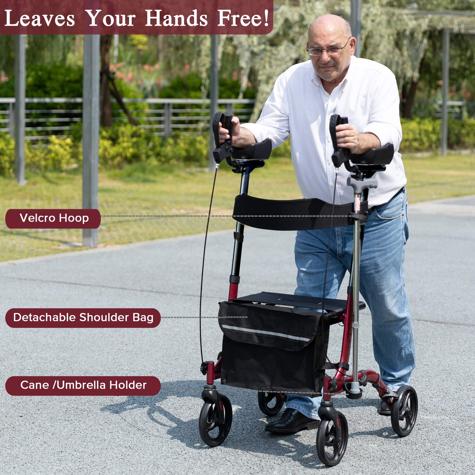 ELENKER Upright Rollator Walker, Stand Up Folding Rollator Walker Back