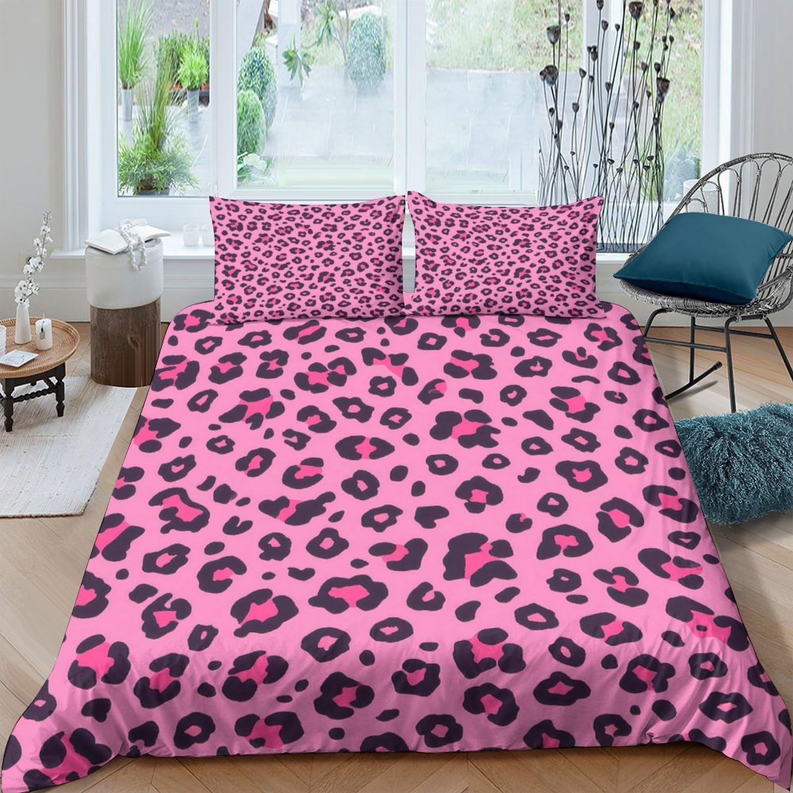 TUFRTGYHN 3D Printed Pink Leopard Duvet Cover Microfiber Soft Breathable Animal Print Bedding Set with 2 Pillowcases for Bedroom Home Décor Single（135x200cm）