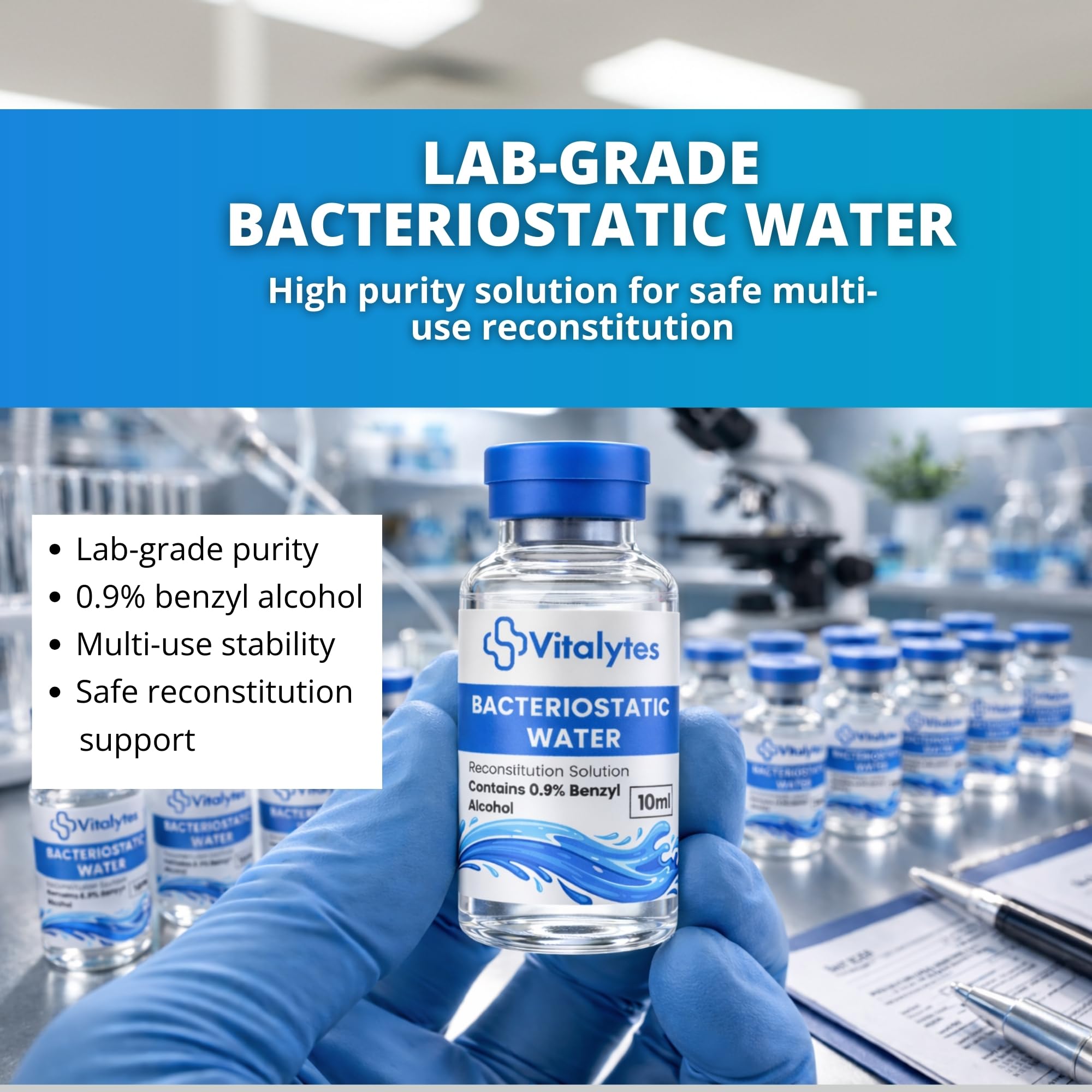 Vitalytes Acqua batteriostatica, 10 ml, soluzione di ricostituzione di laboratorio con alcool benzilico allo 0,9%, diluente sterile multiuso in flaconcino di vetro borosilicato