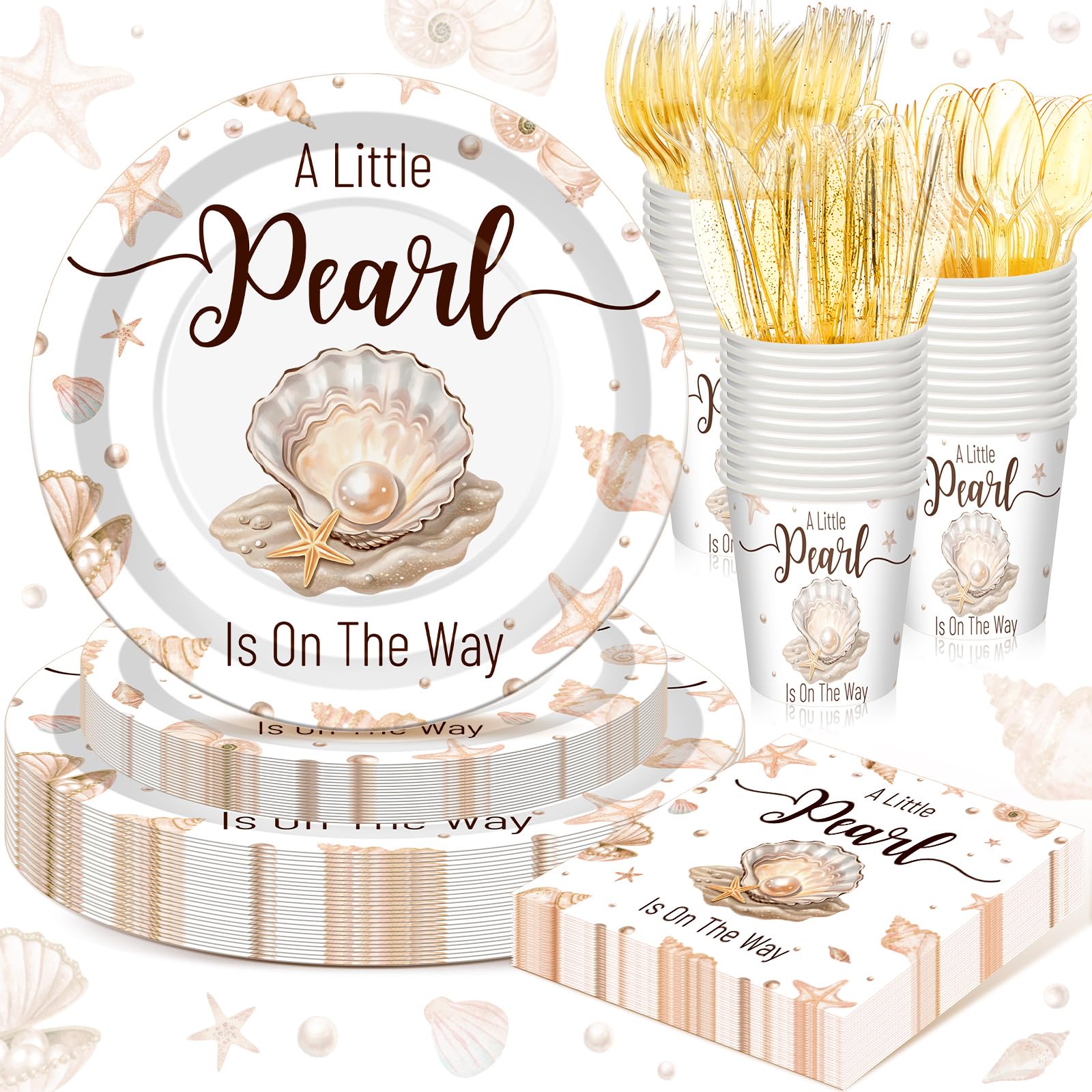 Photo 1 of Sunnychicc 168 Pcs A Little Pearl Is on The Way Baby Shower Decorations Under The Sea Baby Shower Decorations Shell Mermaid Ocean Theme Party Decor Gender Reveal Disposable Tableware Set Serve 24