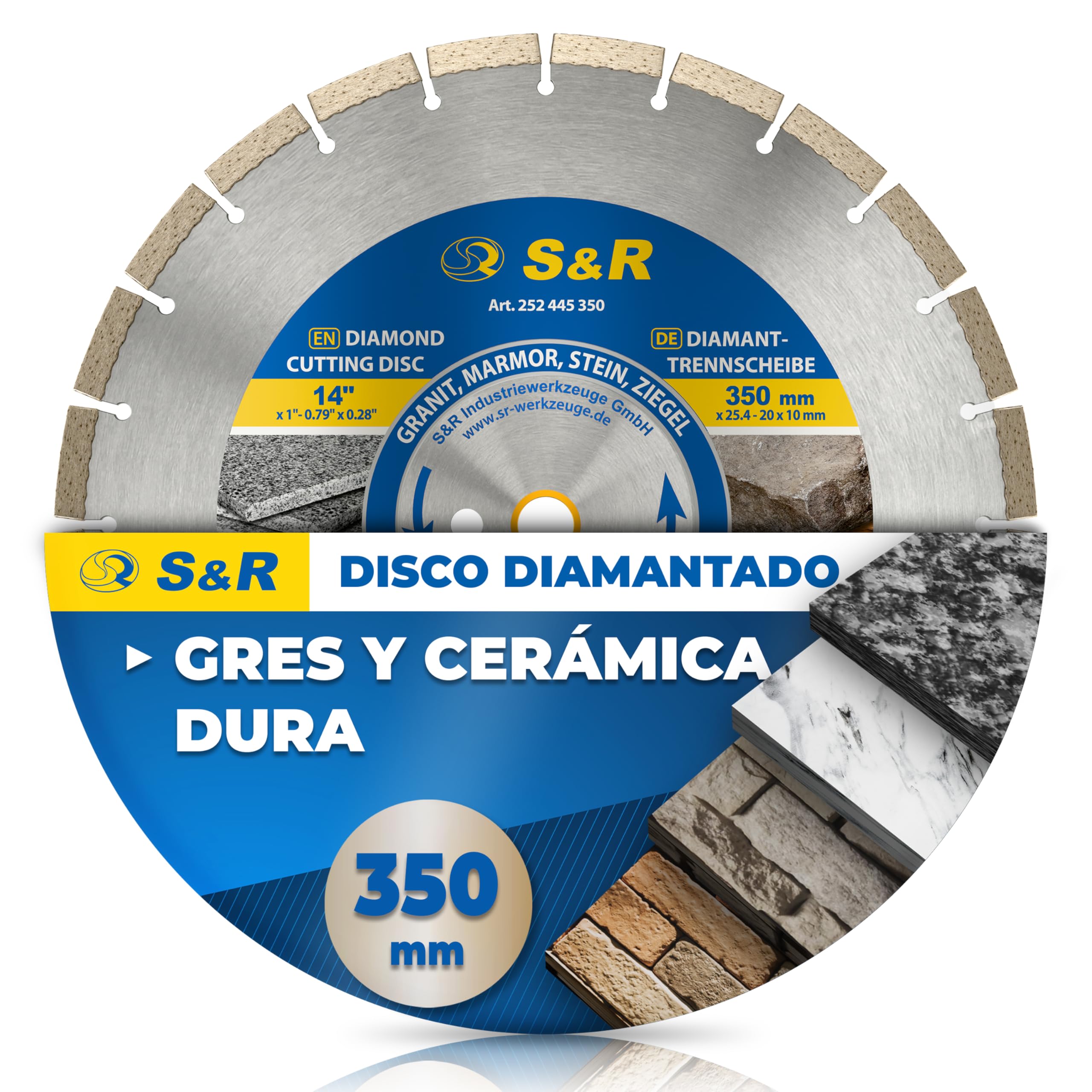 S&R Disco diamante 350 Disco Tronzador Diamante 350 mm para Cerámica Granito Piedra Mármol Mampostería. Calidad Industrial