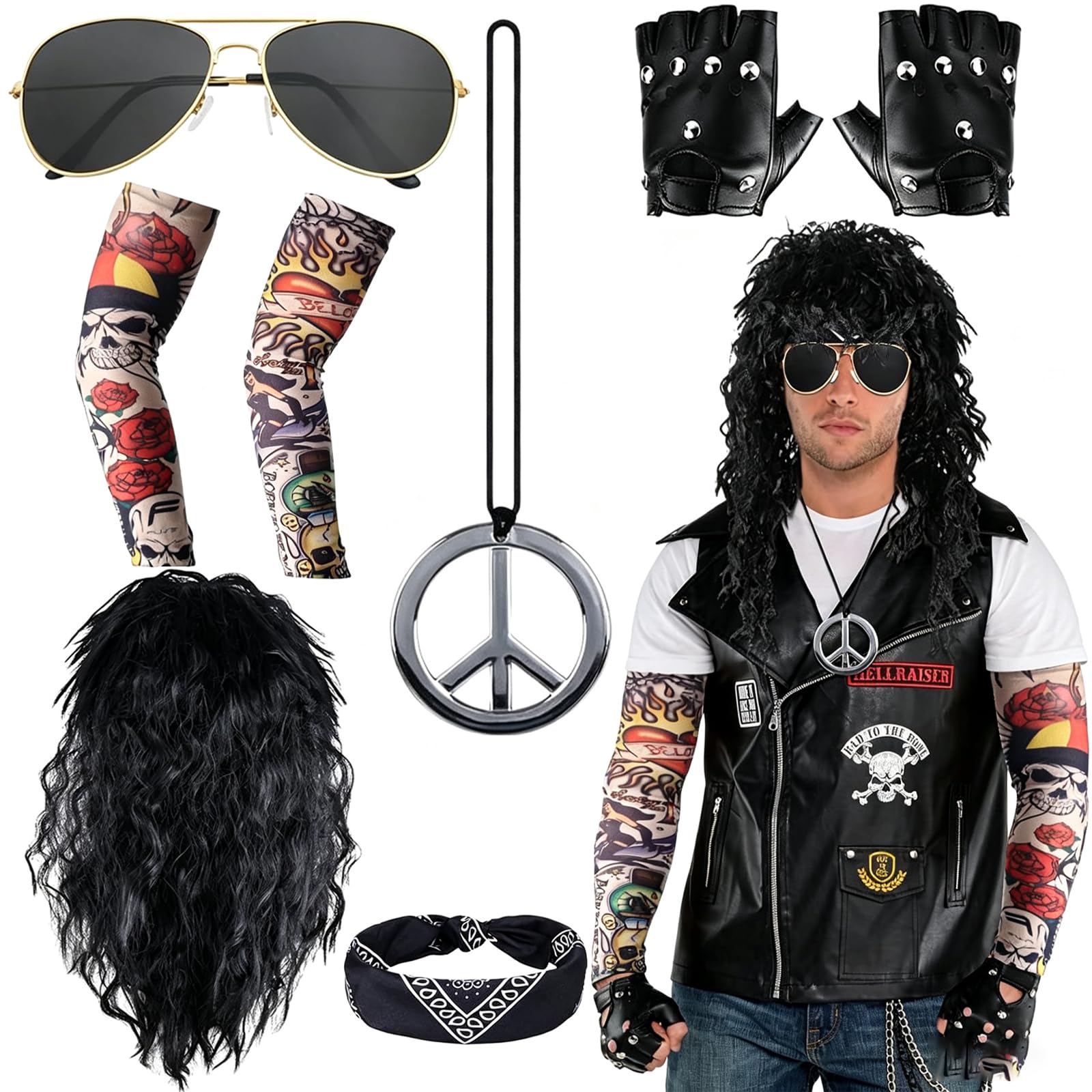 ZPSCXQ 80s Fancy Dress Men, Rock Star Fancy Dress Kids, Mens 80s Fancy Dress, 70s 80s Rock Themed Parties, Cosplay Costume Events, Halloween Celebrations, 8 Piece Rock Star Costume Set with Wig