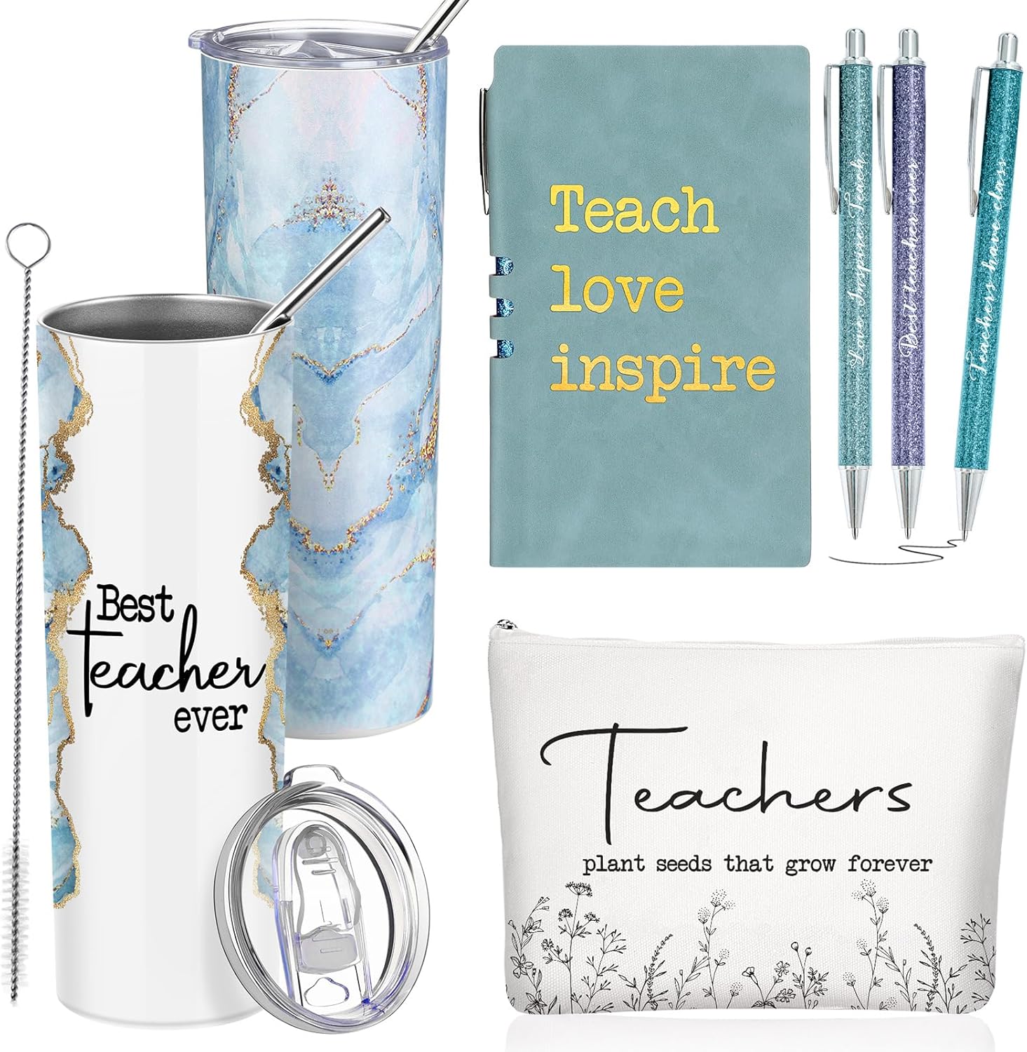 Domensi 6 Pcs Teacher Appreciation Gift Set for Women Staff 20 oz Marble Sign Tumbler Inspirational Ballpoint Pen Notebooks with Makeup Bag Teacher Thank You Gifts(Purple)