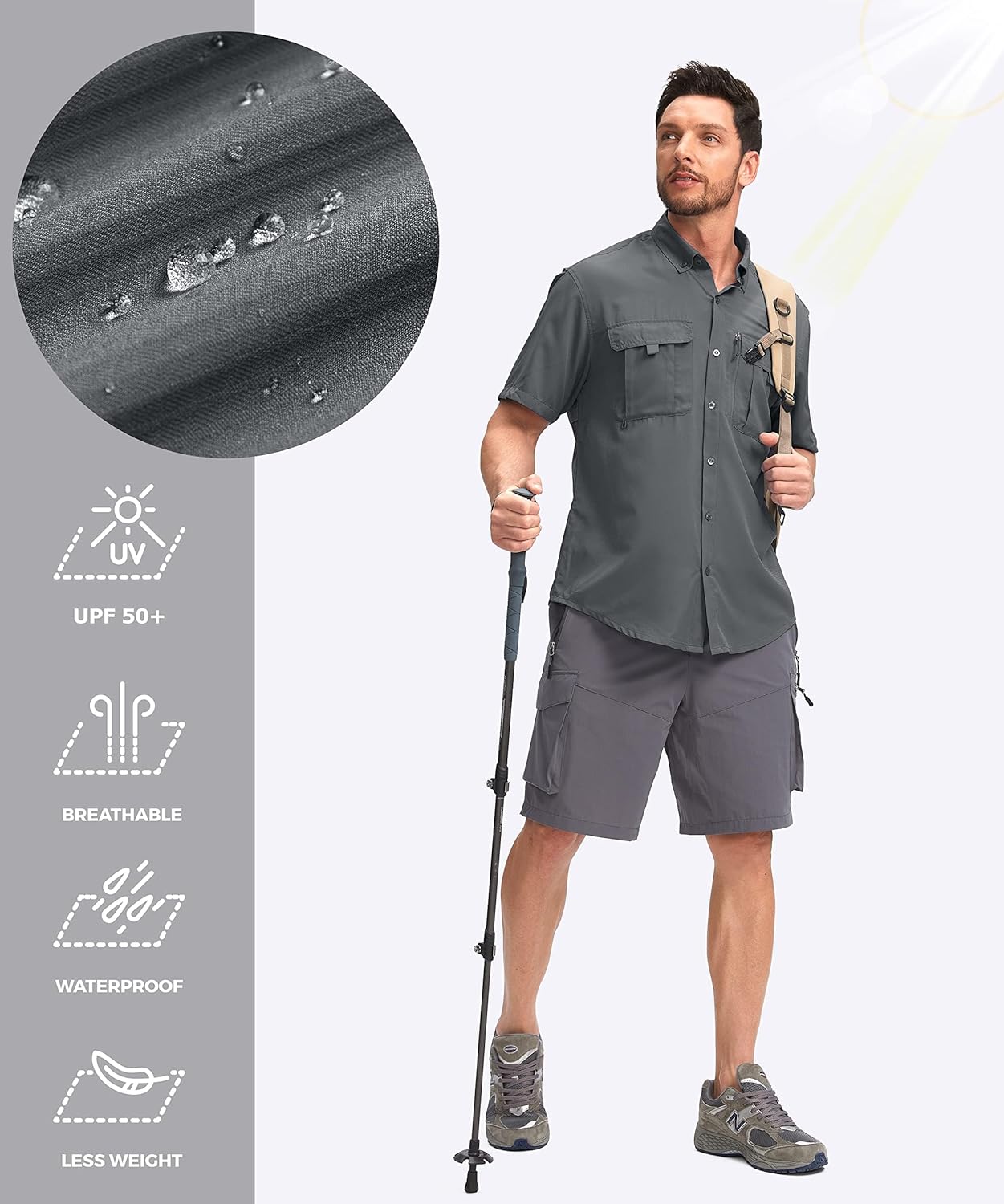 Pudolla Men's Fishing Shirts with Short Sleeves, Summer Travel Work Shirts, Button Down with UPF50+ and Zipper Pockets - Image 5