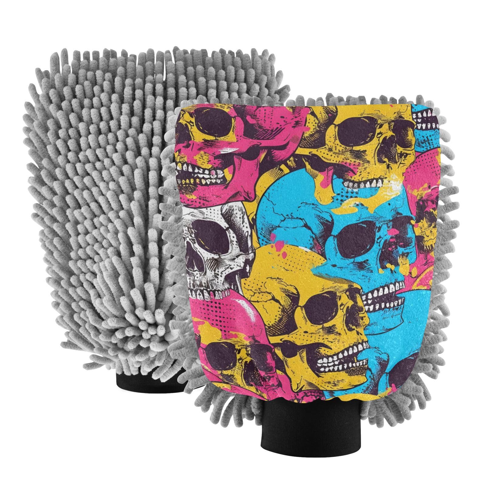 IOACIY Absorbent Microfiber Car Wash Drying Mitts, 2 Pack, Scratch-Free & Lint-Free, Rich Foam, Highly Absorbent, Double Sided, Wash Mitt Perfect for Car Washing, L, Skull (1)