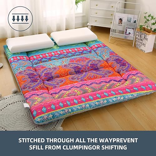 Miniatura 6 de Colchón japonés retro bohemio, tapete de tatami floral vintage, colchón futón enrollable portátil para invitados, Tavel (D, individual 80 x 36