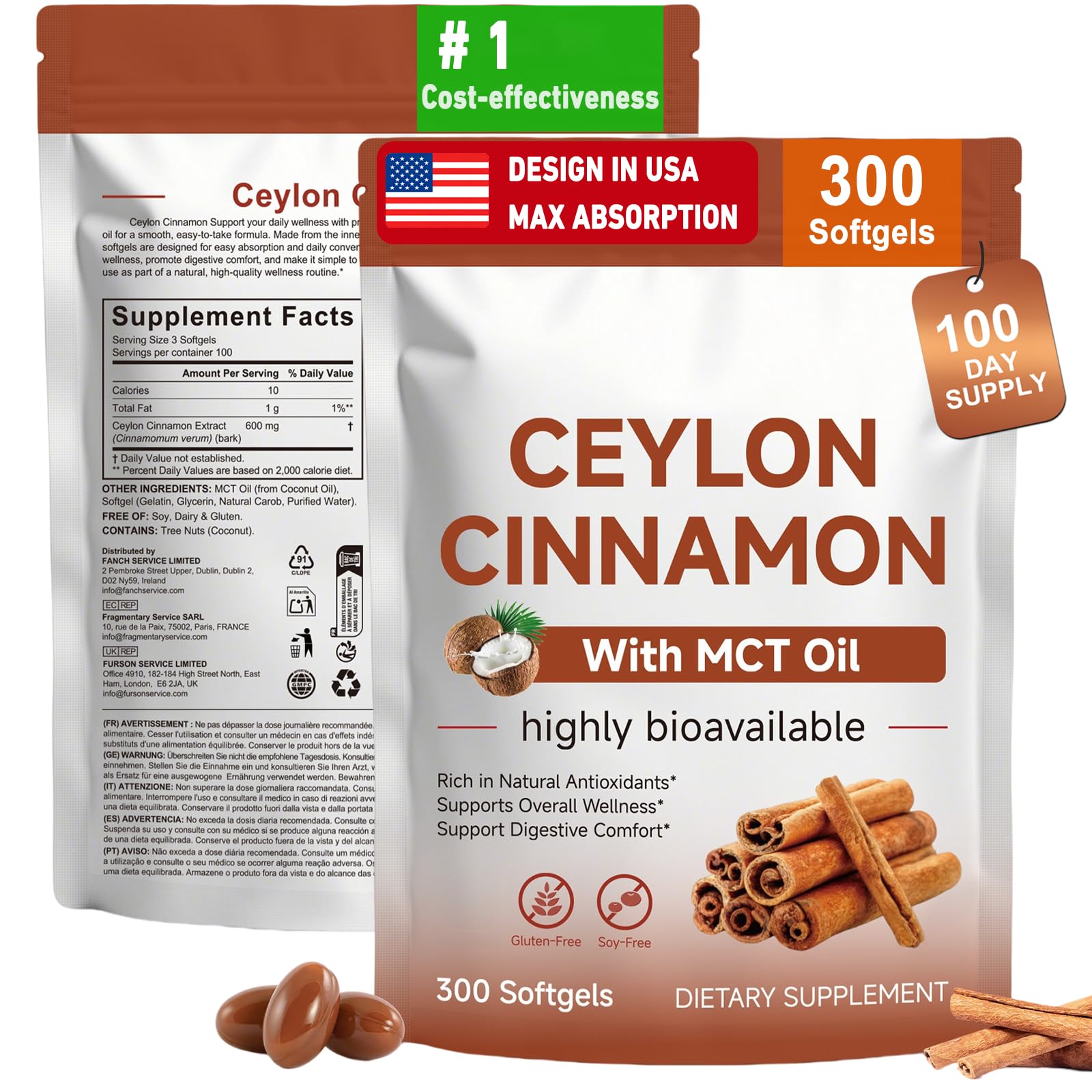 2 in 1 Ceylon Cinnamon Softgels with MCT Oil, Metabolism Support, 300 Count