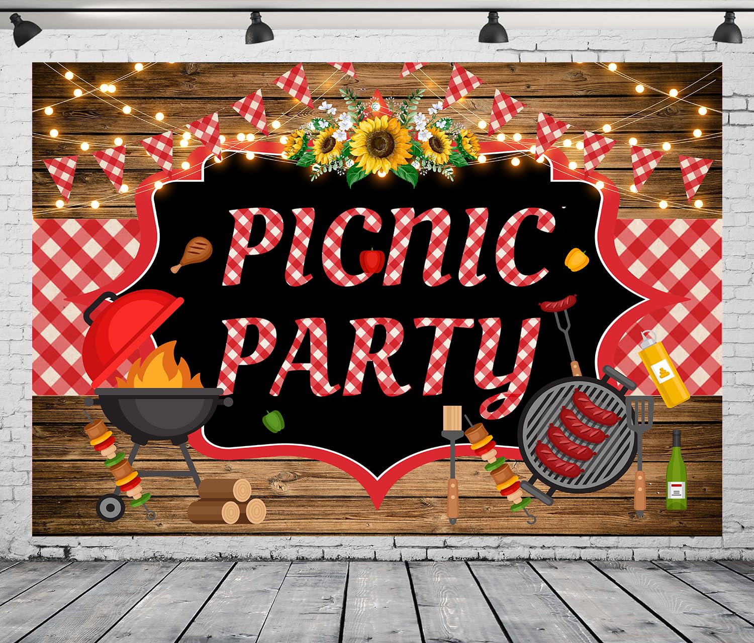 DePhoto 7x5FT Picnic Party Backdrop Red White Checkered Mat String Lights for Outdoor Barbecue Decorations Vinyl