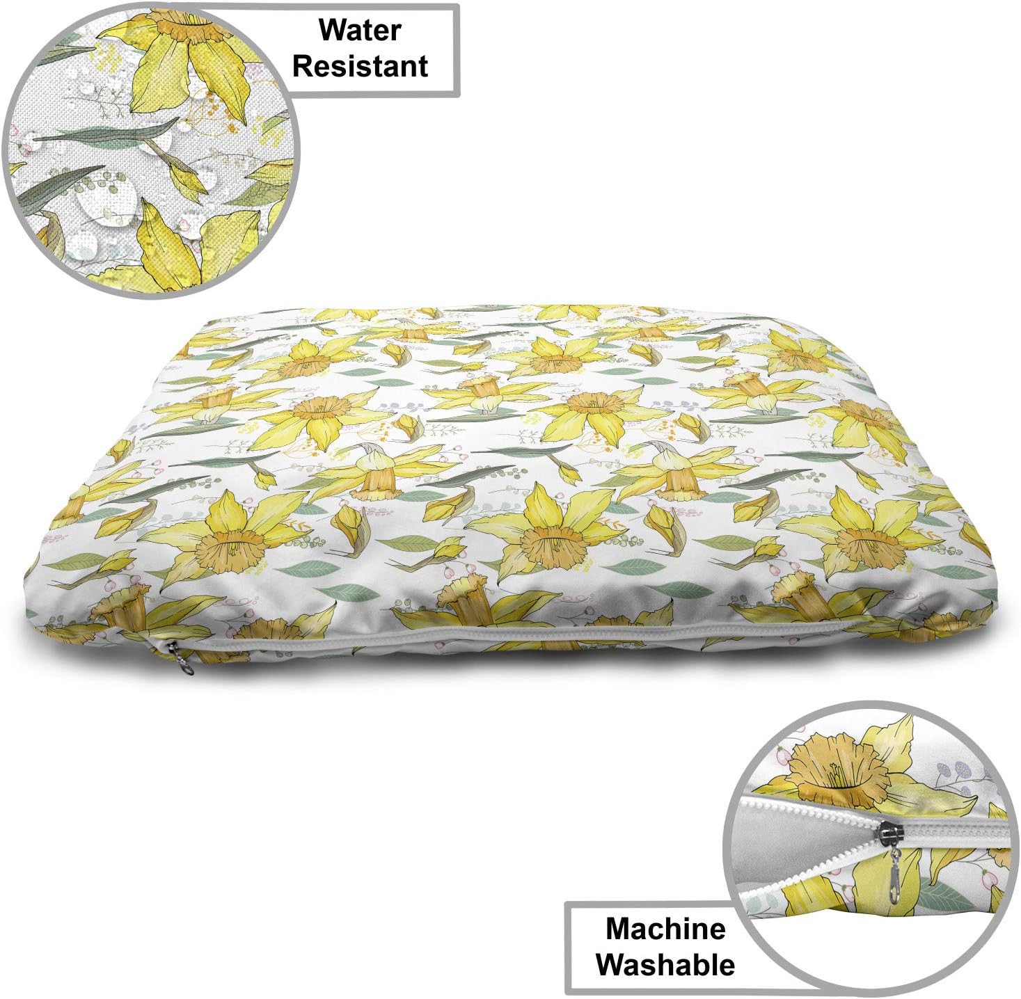 review Lunarable Daffodil Pet Bed, Continuous Pattern of Spring Flora Dream on Burgeoning Herbs, Chew Resistant Pad for Dogs and Cats Cushion with Removable Cover, 24