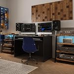 4-Tier AV Media Stand with Power Strips, Wooden Media Console with LED Lights, Wheels, Height Adjustable Rolling Audio Cabinet Rack Tower Stereo Rack for Gaming Consoles/DVD Player/Amplifier/Cable Box | Turntable Table with Wheels & LED Lights, Stere