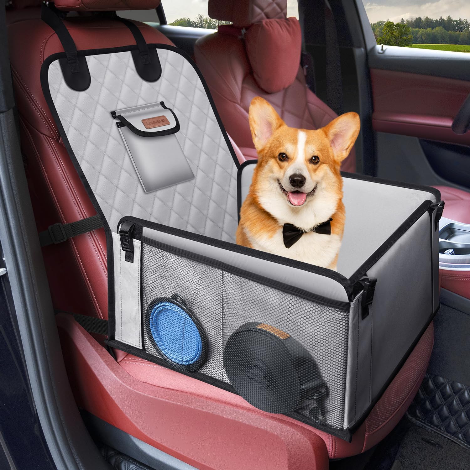 Seggiolino Auto per Cani, Trasportino Impermeabile Antistrappo Antisscivolo per Piccola e Media Taglia con Rete Laterale e Cintura di Sicurezza Universali per Auto SUV Camion, Grigio