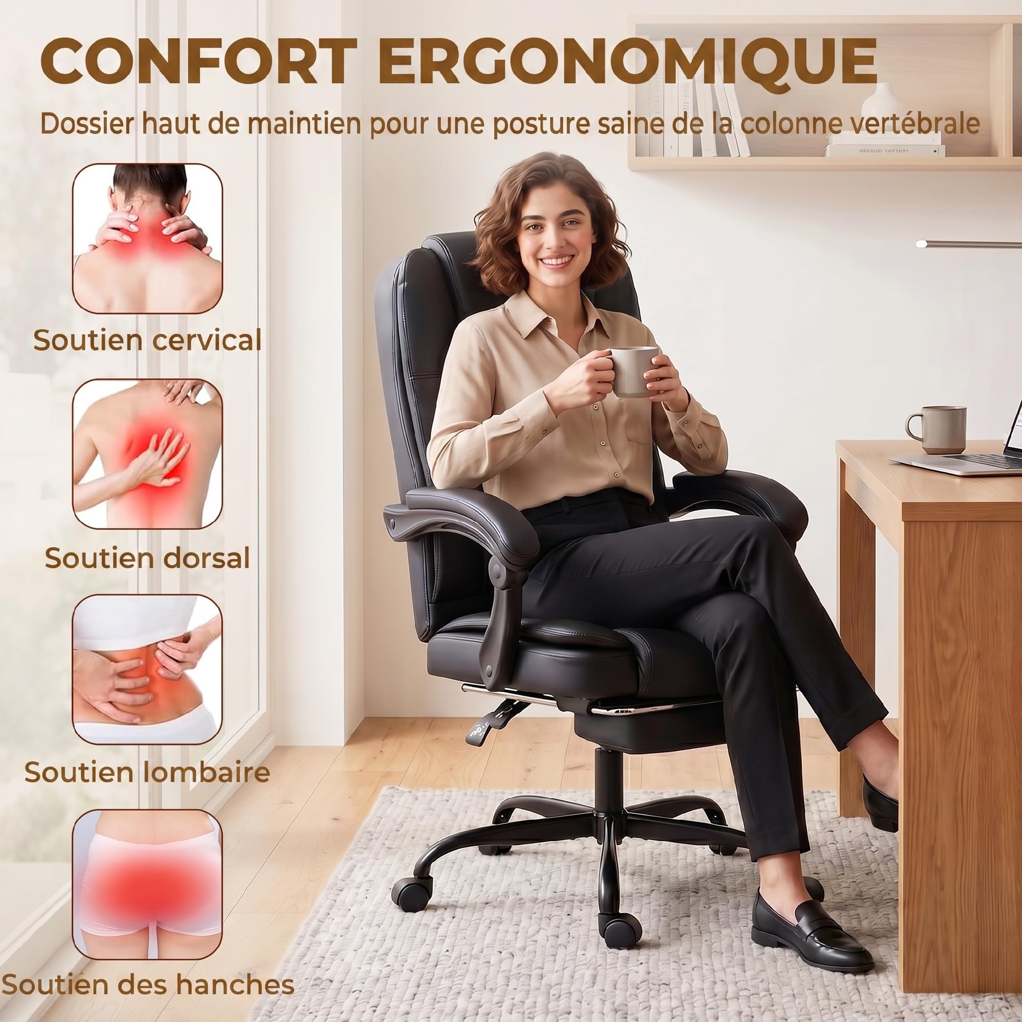 HOMCOM Chaise de Bureau Ergonomique Inclinable en PU, Repose-Pieds, Noir