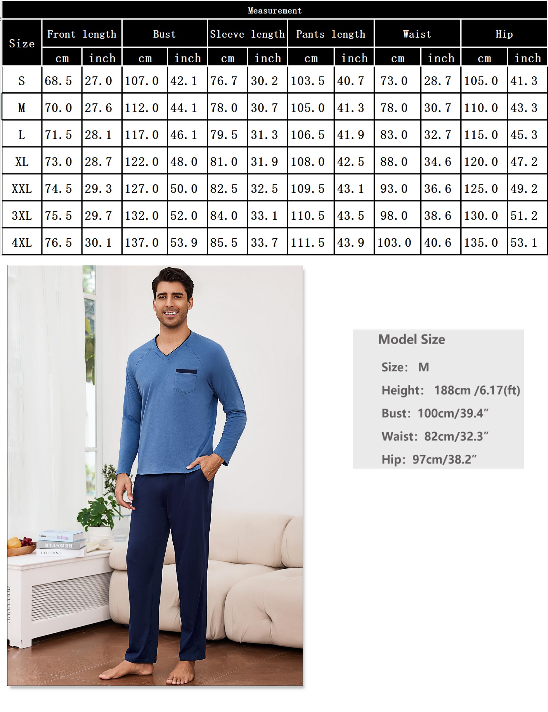 Bresdk Pijama Hombre Invierno Algodón Largo con Bolsillos Conjunto de Pijamas Hombre Manga Larga V-Cuello Suave y Transpirable S-3XL