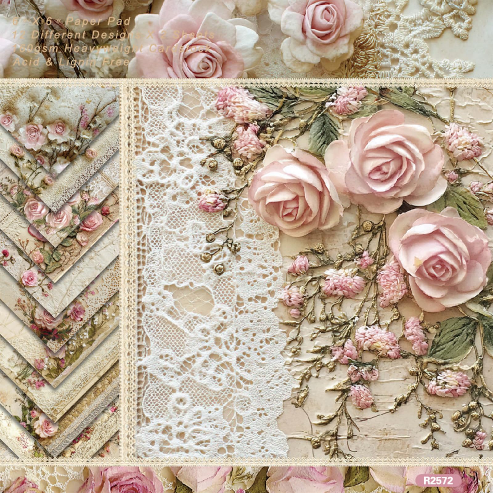 24 Sheets Scrapbooking Paper,Rose-Style Vintage Scrapbook,6 x 6 Inches Floral DecorativePaper,DecoupagePaper Sheets for DIY Lovers,Card Making,Gift Wrapping,Tabletop Crafting,Paper Crafts