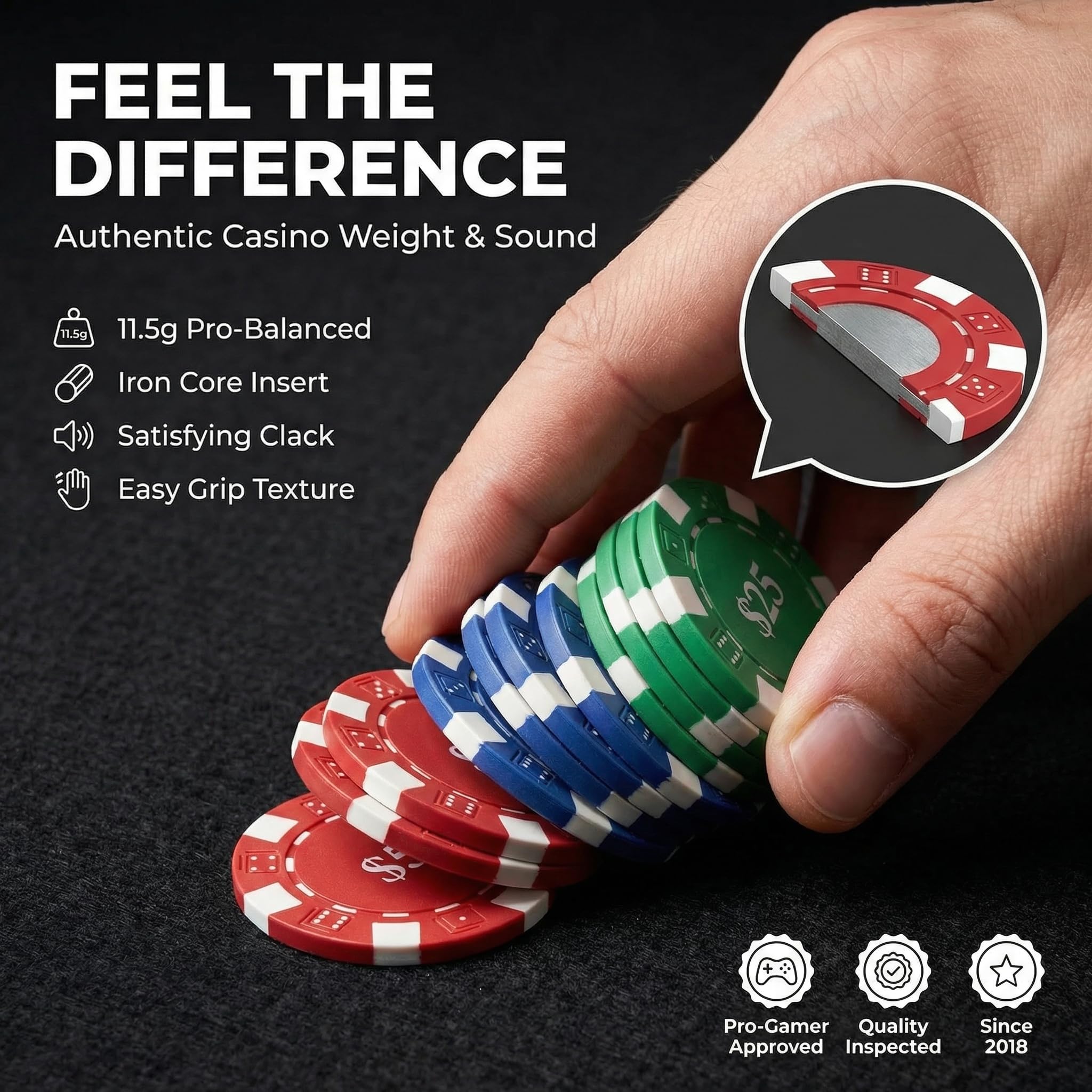 HEITOK Set Poker Professionale 600 Fiches Numerate 11,5g con Valigetta Alluminio, 2 Mazzi Carte e Bottoni Blind per Texas Hold'em Blackjack e Serate Casinò - 3