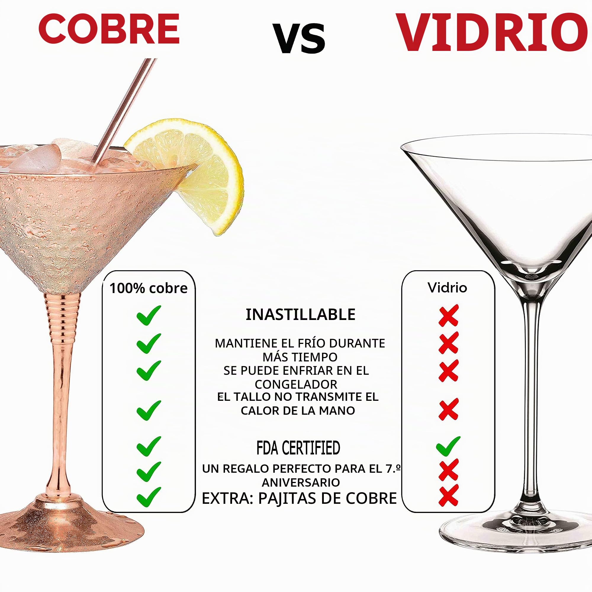 Set de 2 vasos de martini 280 ml martillados a mano con anillo reforzado y pajitas metálicas – Elegante regalo para cualquier ocasión