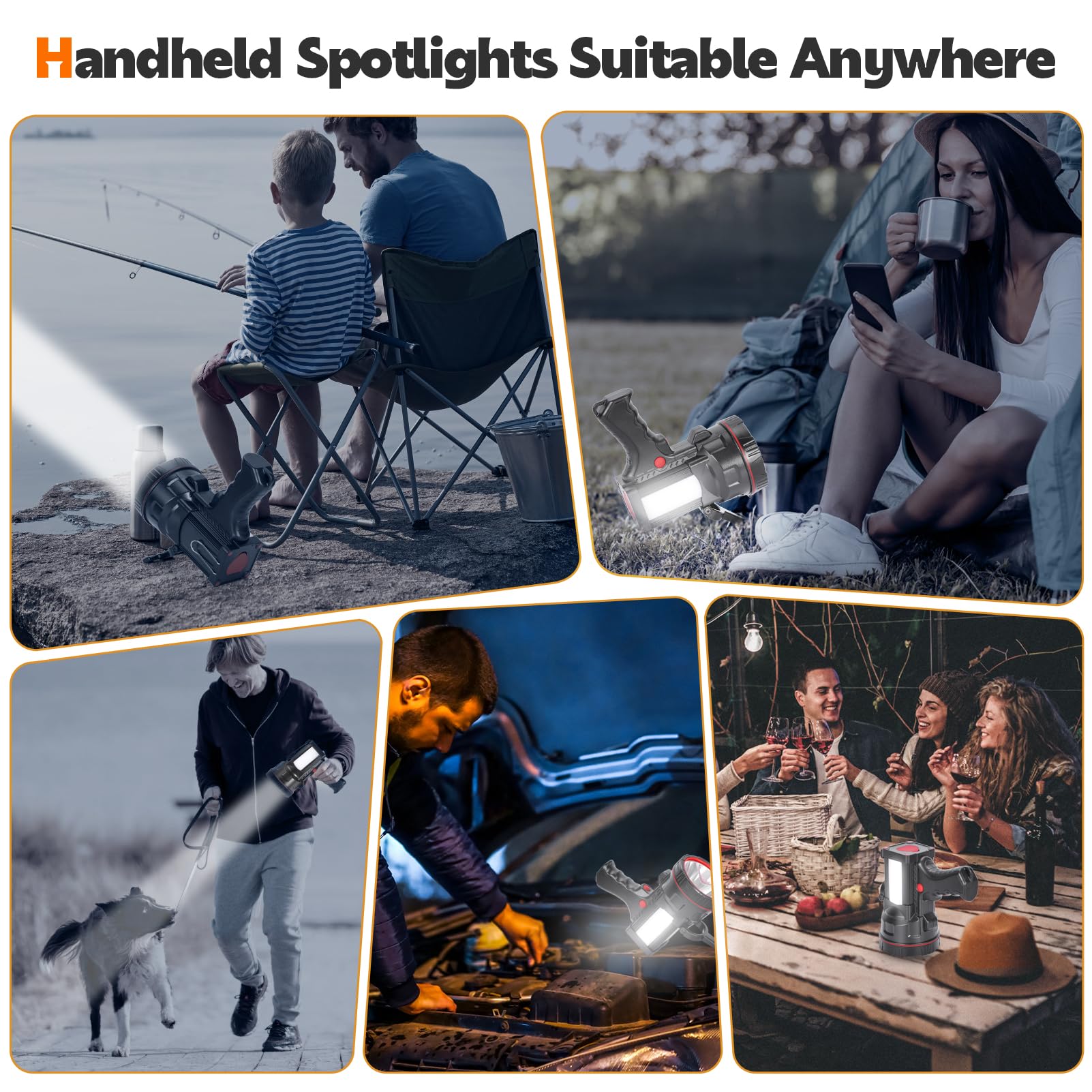 Superbright - Torcia a LED portatile con torcia a LED, potente proiettore ricaricabile tramite USB, con funzione Power Bank, luce di emergenza portatile da campeggio (luce bianca)