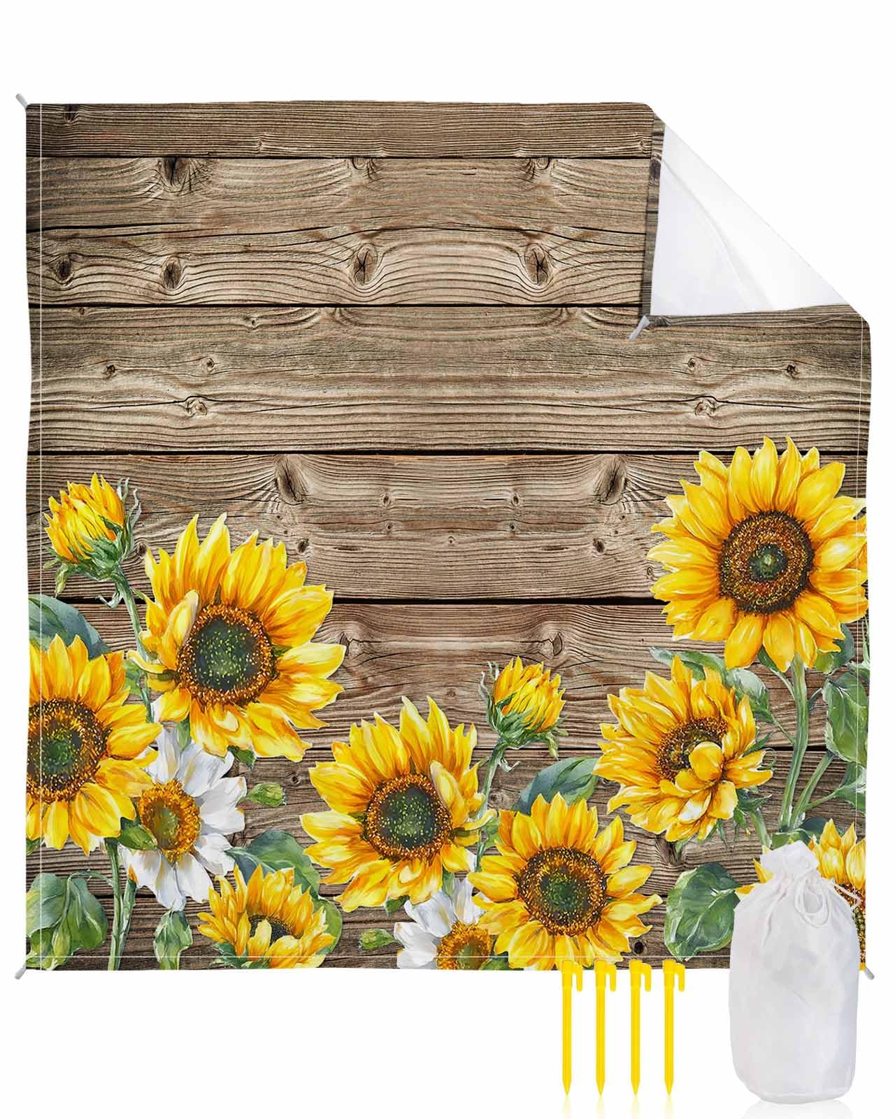 Beach Blanket Sandproof Waterproof Picnic Blankets Farm Sunflower Yellow Floral Extra Large Lightweight Outdoor Beach Mat with Corner Pockets for Travel/Camping/Hiking Retro Brown Wood Grain